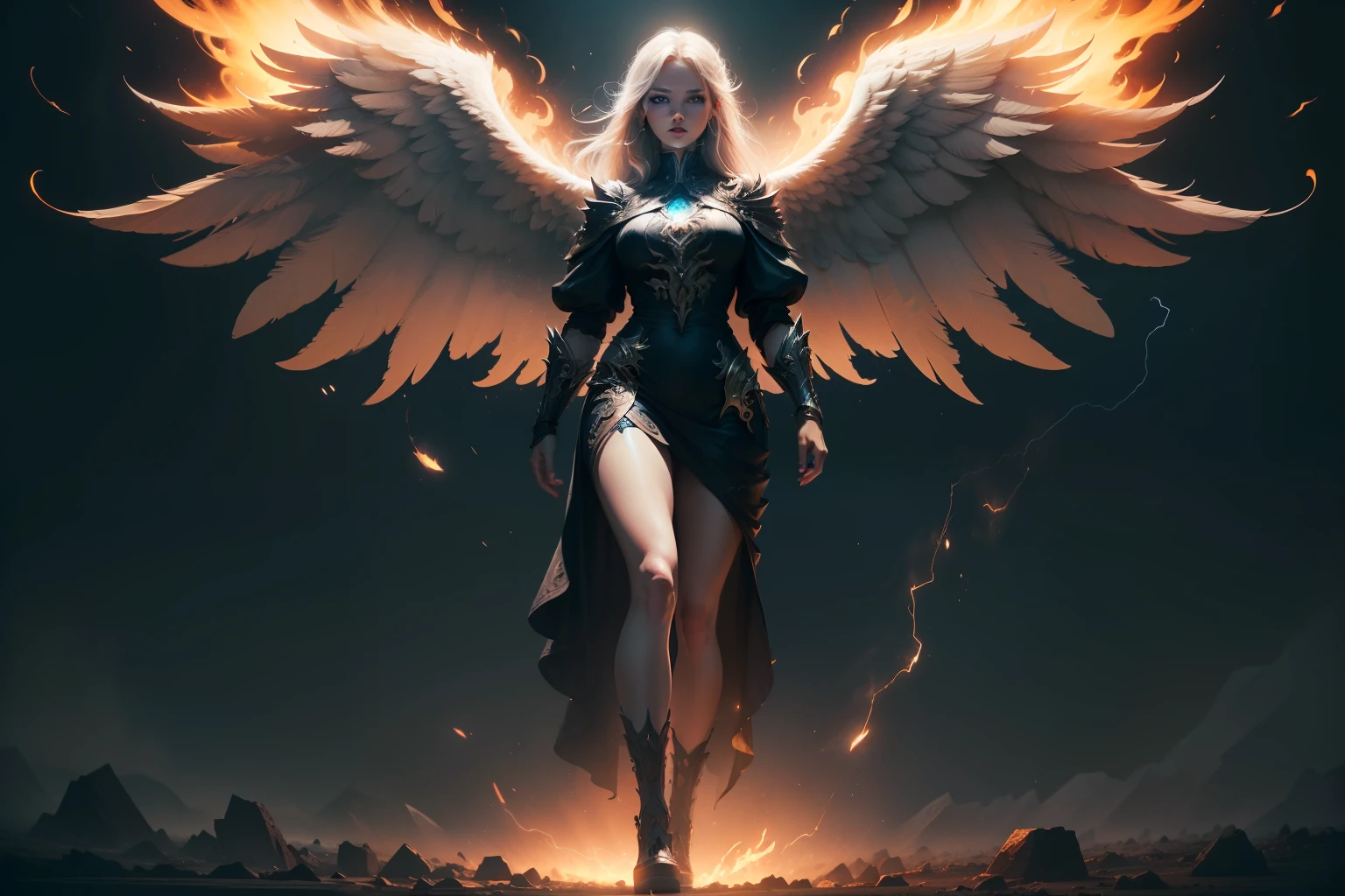 (extremely detailed image),((full body):1.5), (angel female appearance) (giant angelic wings), (flaming eyes, neon eyes), (Extreme display of power), apocalypse, angel, power, end of world, (rich in detail), (involving and intricate powers), ((Long shot):1.4), ((cinematic lighting):1.3)