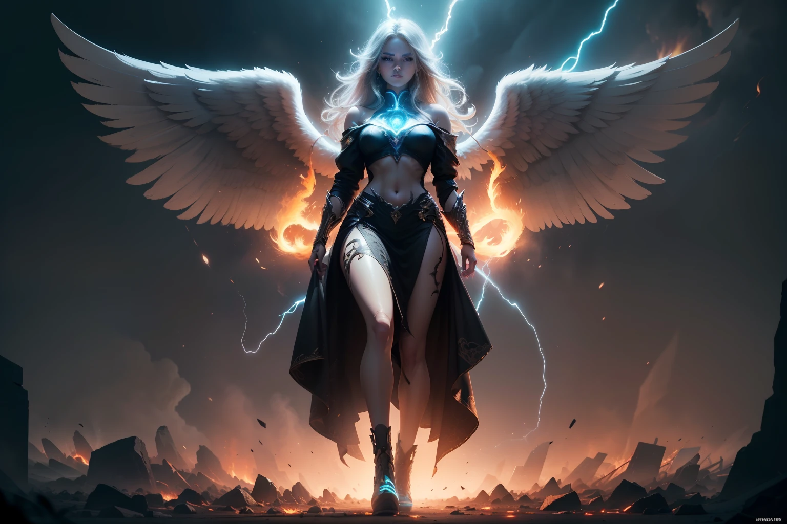 (extremely detailed image),((full body):1.5), (angel female appearance) (giant angelic wings), (flaming eyes, neon eyes), (Extreme display of power), apocalypse, angel, power, end of world, (rich in detail), (involving and intricate powers), ((Long shot):1.4), ((cinematic lighting):1.3)