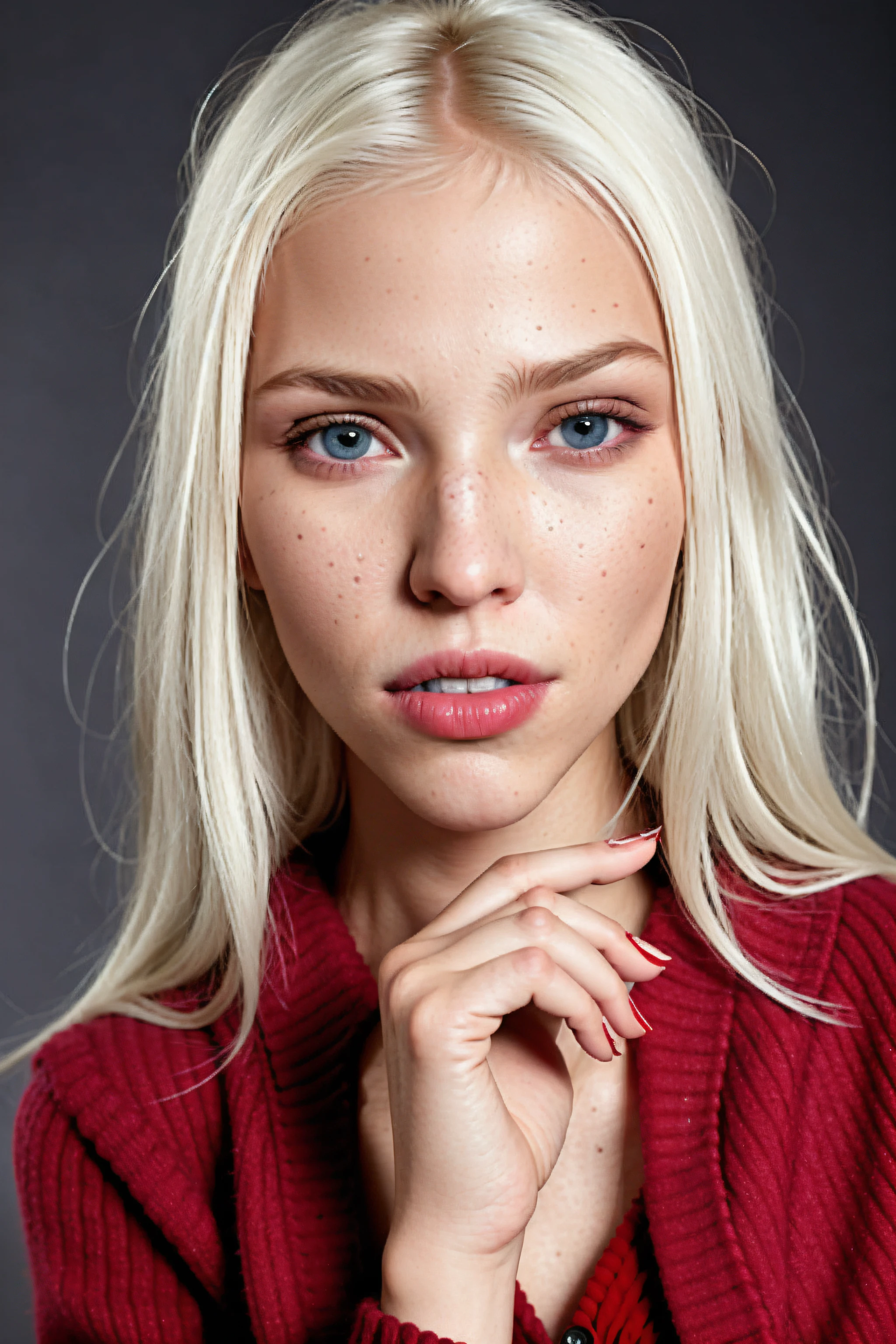 (((photographic, photo, photogenic))),woman with white hair and blue eyes, (detailed face, nose), wearing ((Flared pants)) and ((Cardigan)) (f1.8 short focus bokeh), focus on eyes, studio white background ,