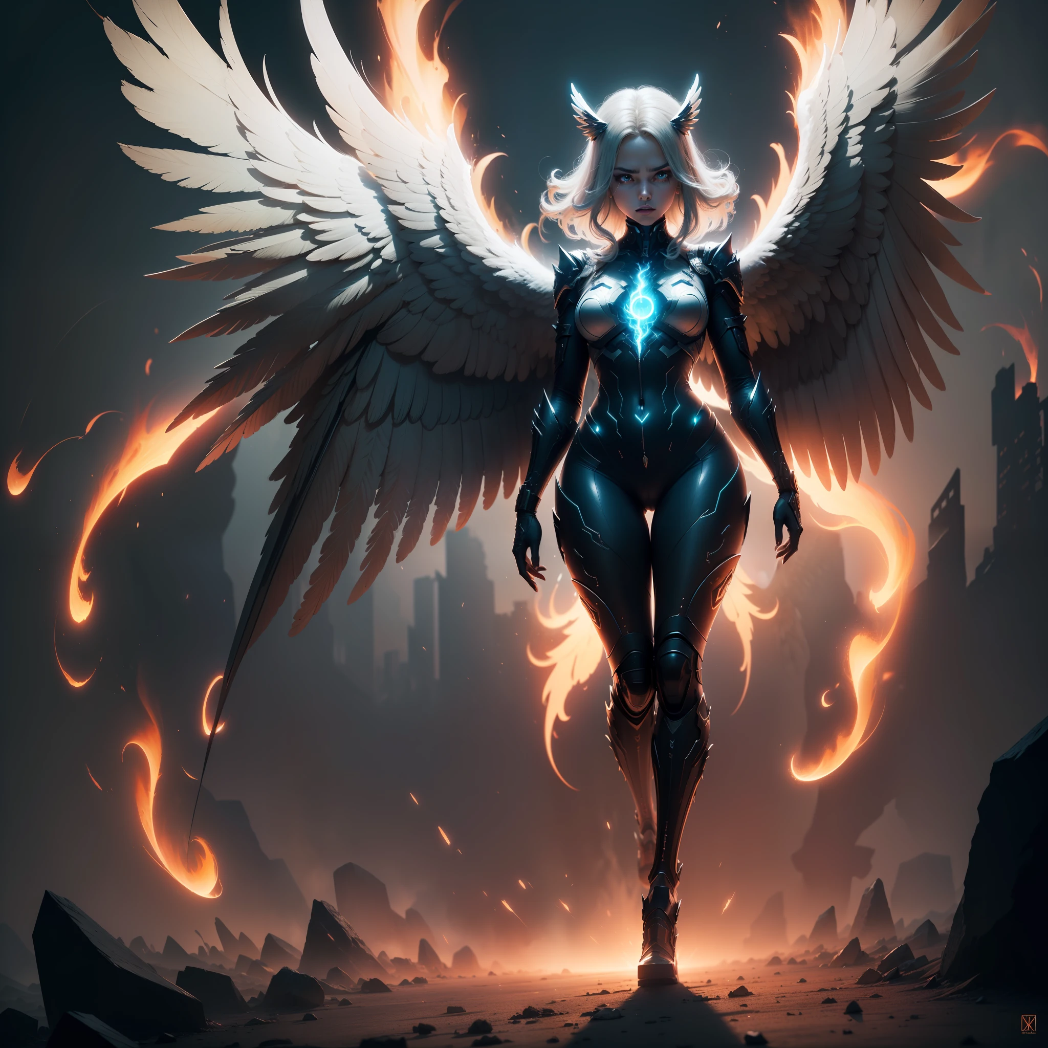 (extremely detailed image),((full body):1.5), (angel female appearance) (giant angelic wings), (flaming eyes, neon eyes), (Extreme display of power), apocalypse, angel, power, end of world, (rich in detail), (involving and intricate powers), ((Long shot):1.4), ((cinematic lighting):1.3)