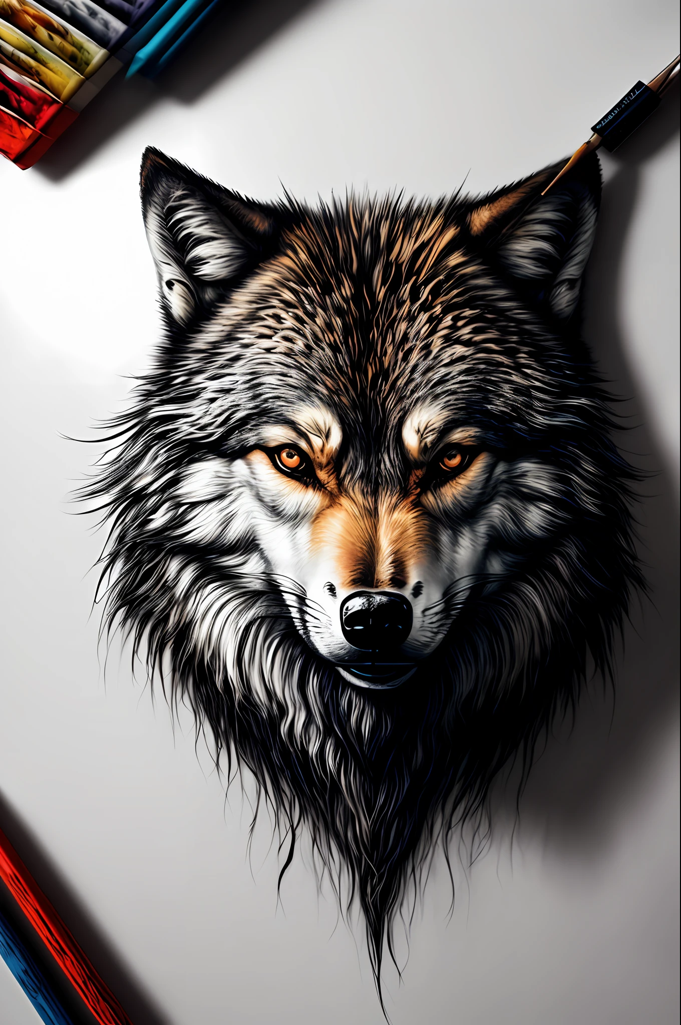 Colorido, wolf bonito, splash, Disembodied Head, fluxo de tinta preta, fotorrealista, intrincadamente detalhado, guache, caligrafia, acrylic, (buttercream: 1.5), 8k concept art, complexo, elegante, expansivo, genial, (style-paintmagic)