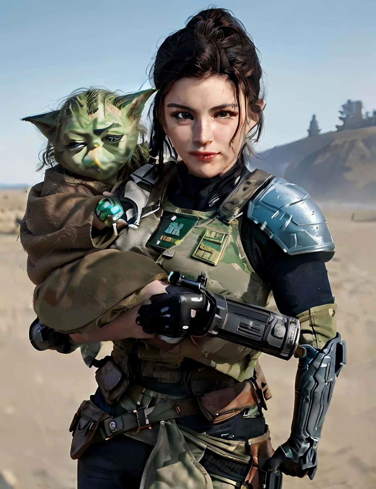 ((realism)), extremely high quality RAW photograph, detailed background, intricate, Exquisite details and textures, highly detailed, Photo of (Gina Carano) as Cara Dune, holding  Yoda, holding a gun, Looking behind the camera, ultra detailed photograph, warm lighting, artstation, 4k, sharp focus, high resolution, detailed skin, detailed eyes, 8k uhd, dslr, low harsh lighting, high quality, film grain, Fujifilm XT3,