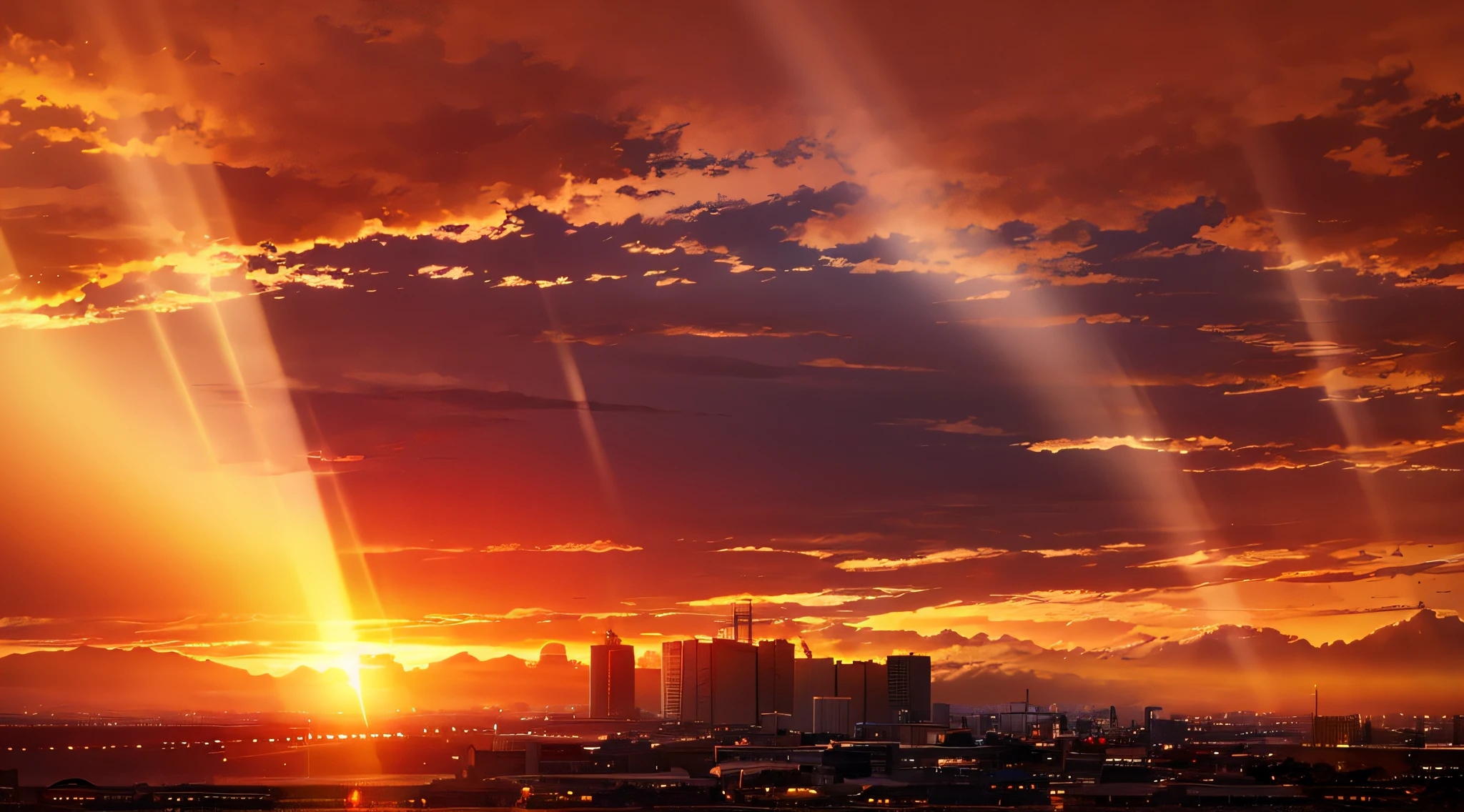 Bright lights at sunset view of the city of Aalfed, with backdrop of god rays, Sunset photo, backlight sunset sky, vibrant sky, sunset sinrise, Sunset in background, sky setting, City sunset, morning dramatic cinematic light, taken with canon 8 0 d, Colorful sunset!!, sunset ligthing, beautiful sunrise lighting, The most beautiful sunset