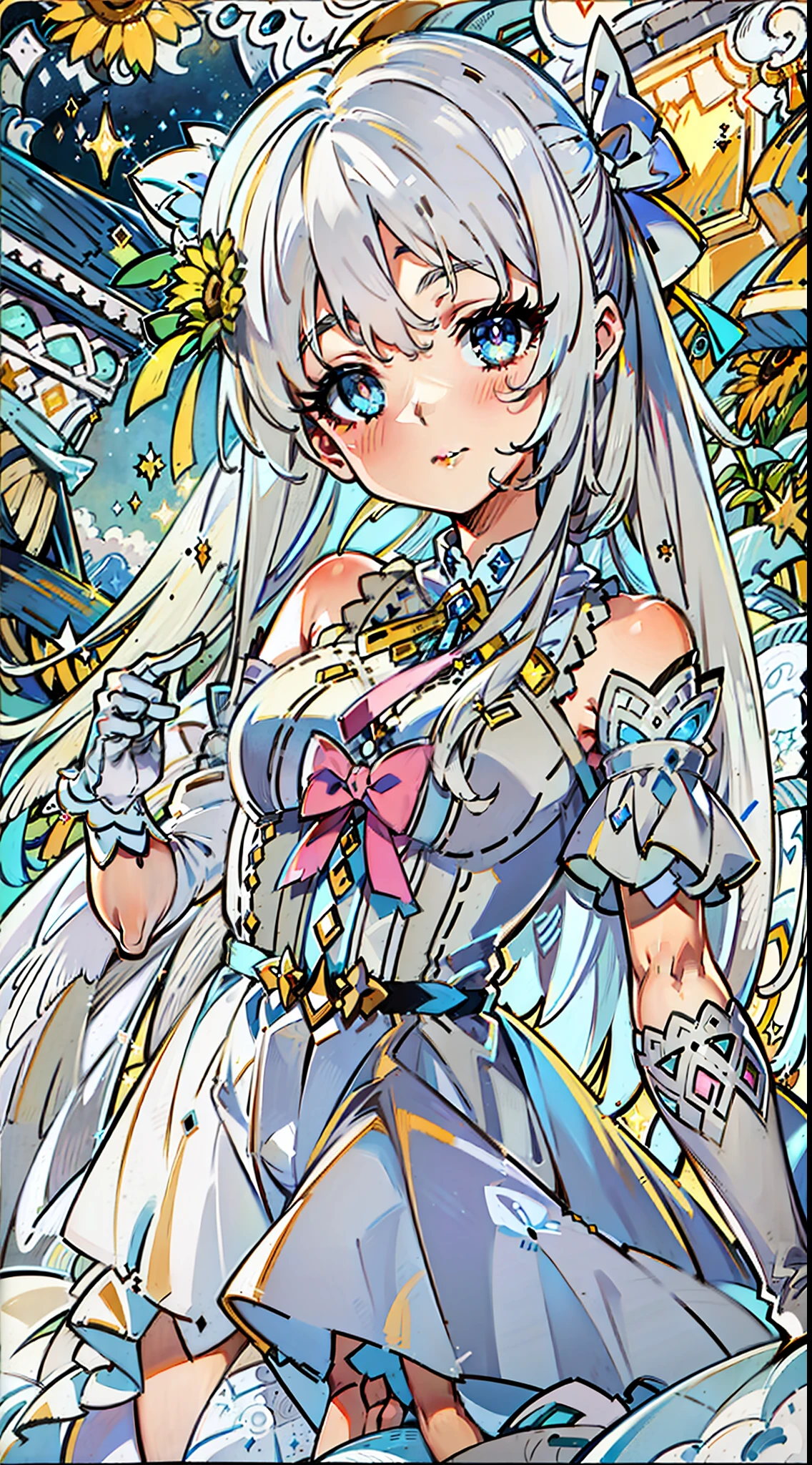 ((masterpiece)), (((best quality))), ((disheveled hair)), (intricate details), (full body shot), front view, Cinematic light, Anime girl with long hair, white hair, sapphire eyes, detailed eyes, sharp pupils, realistic pupils, lolita fashion, pink ribbons in hair, light smile, white elbow gloves, white tights, long dress, sunflowers in background, starry sky background