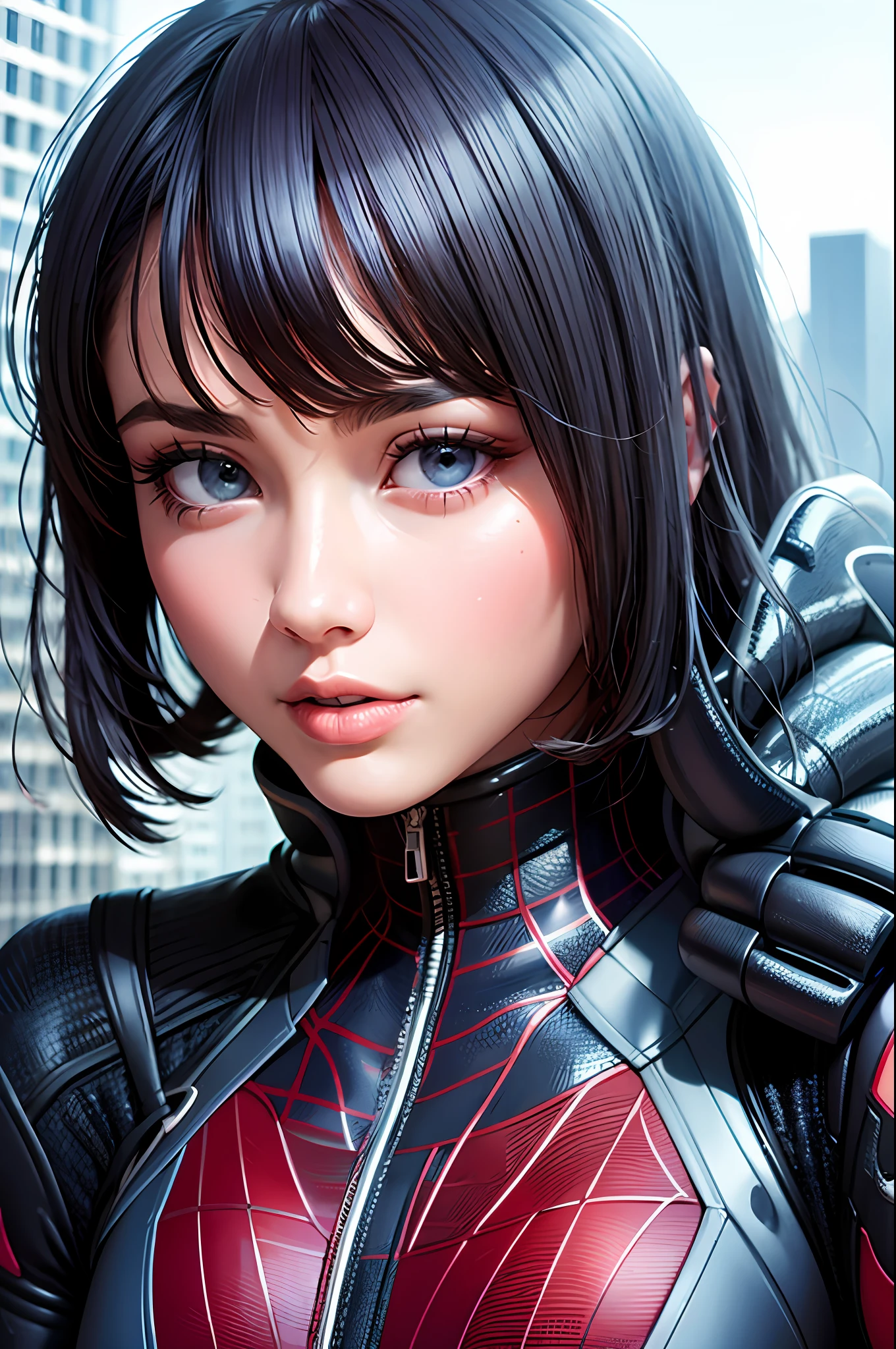 (1girl:1.3), Solo, (((Very detailed face)))), ((Very detailed eyes and face)))), Beautiful detail eyes, Body parts__, Official art, Unified 8k wallpaper, Super detailed, beautiful and beautiful, beautiful, masterpiece, best quality, original, masterpiece, super fine photo, best quality, super high resolution, realistic realism, sunlight, full body portrait, amazing beauty, dynamic pose, delicate face, vibrant eyes, (from the front), She wears Spider-Man suit, red and black color scheme, spider, very detailed city roof background, rooftop, overlooking the city, detailed face, detailed complex busy background, messy, gorgeous, milky white, highly detailed skin, realistic skin details, visible pores, clear focus, volumetric fog, 8k uhd, DSLR, high quality, film grain, fair skin, photo realism, lomography, futuristic dystopian megalopolis, translucent ,
