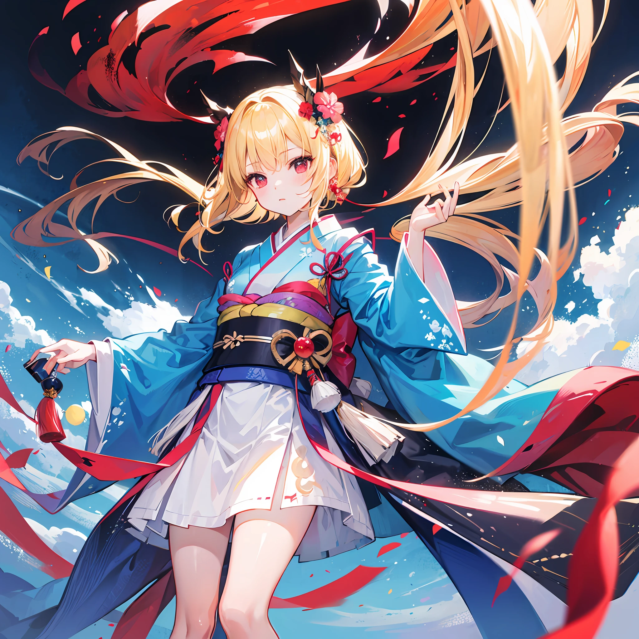 One blonde girl、red eyes、Light blue kimono
