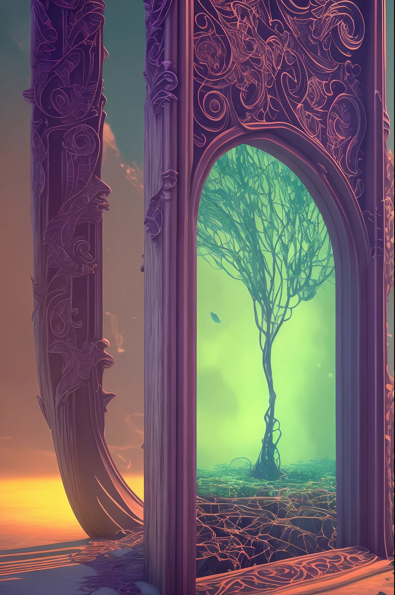 (Digital Artwork:1.3) of (Sketched:1.1) octane render of a
mysterious dense forest with a large (magical:1.2) gate
(portal:1.3) to the eternal kingdom, blade runner, intricate
(vine:1.2), massive tree in liquid metal, realistic digital
painting portrait, shot at 8k resolution, petrol liquid, pastel
color, splash art, blue and purple magic universe, light
engrave in intricate details, (light particle:1.2), (game
concept:1.3), (depth of field:1.3), global illumination,Highly
Detailed,Trending on ArtStation