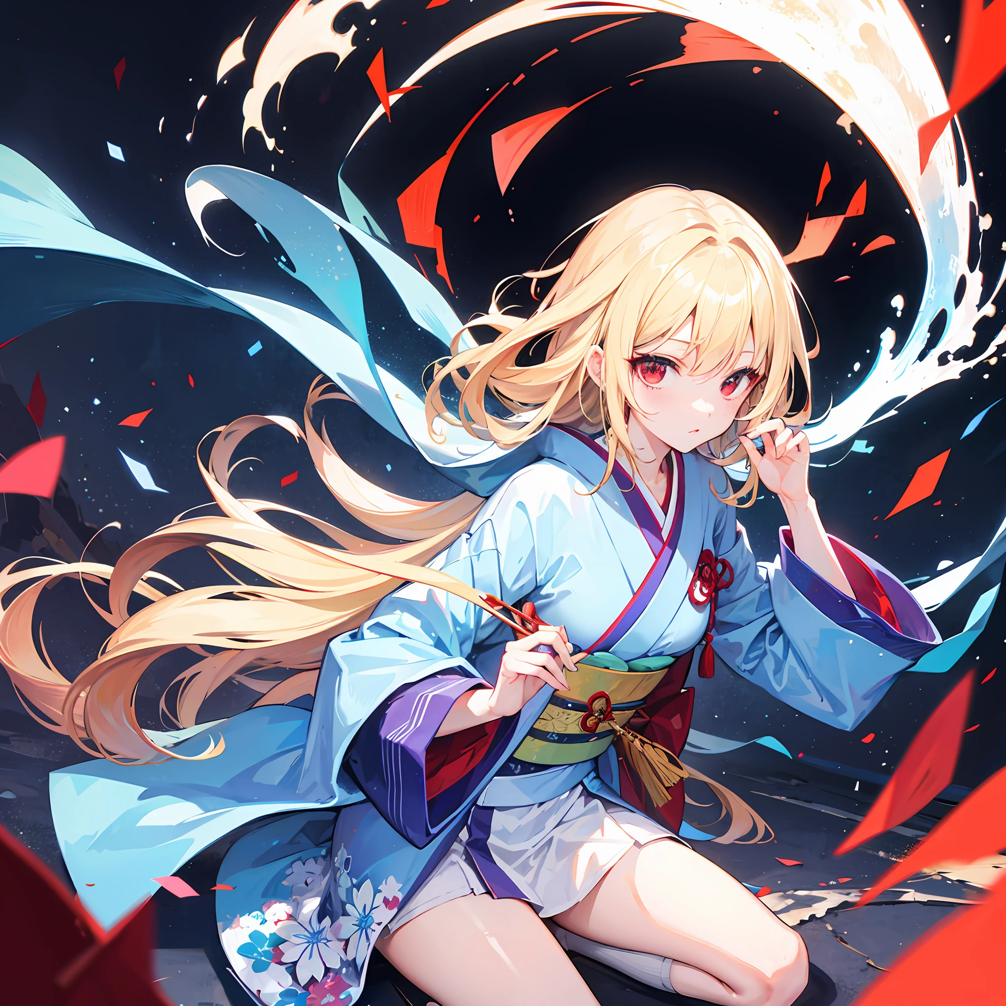 One blonde girl、red eyes、Light blue kimono