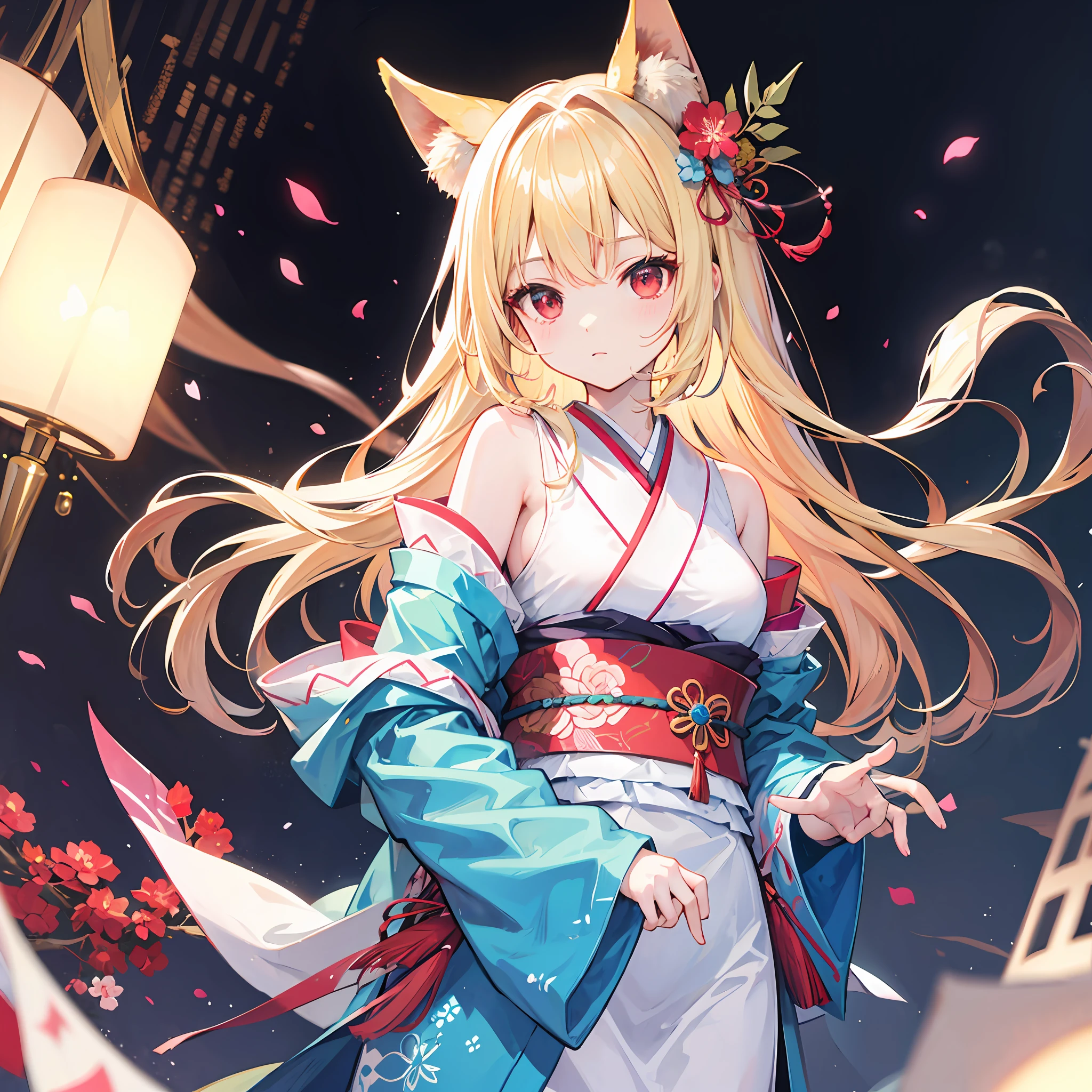 One blonde girl、red eyes、Light blue kimono、off shoulders