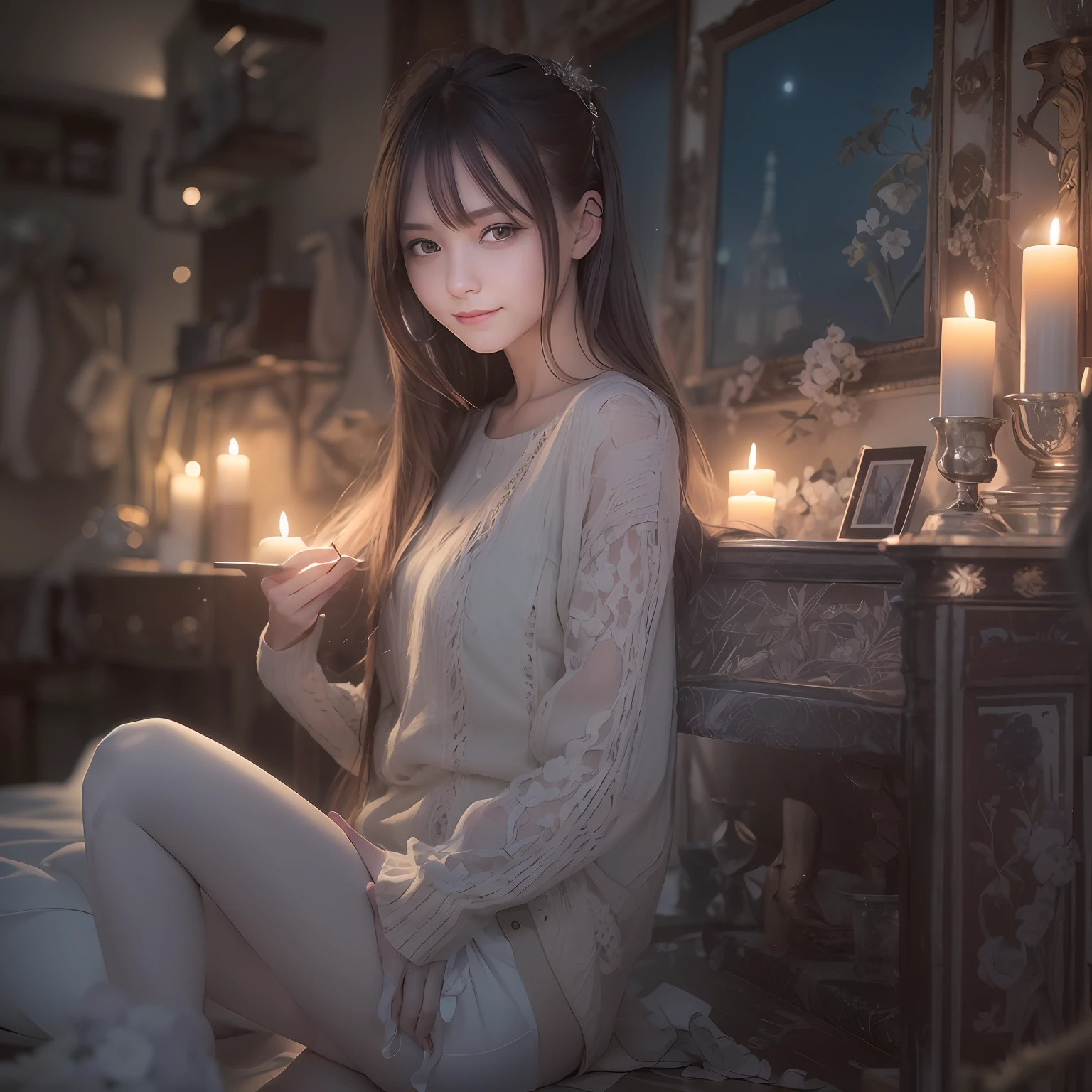 (RAW Photos:1.2), (Photorealsitic:1.4),(intricate detailes:1.2),(masterpiece:1.3),(top-quality:1.4), (超A high resolution:1.2), Cinema Lights, 超A high resolution,(A detailed eye),(detailed facial features),(detailed clothes features), Sweaters, HDR, 8K resolution, Look at the viewer, Skin Tight, (shinny skin),(Slender Girl), dream-like, nsfw, candles, Candlelight, white blossoms,Constriction, (Super detailed illustration), Bedrooms, straight haired, Long, A dark-haired, The eye, 1 female, cute little, innocence, (a smile), (innocent smiles), Skinny, inside in room, Lying Pose,japanes