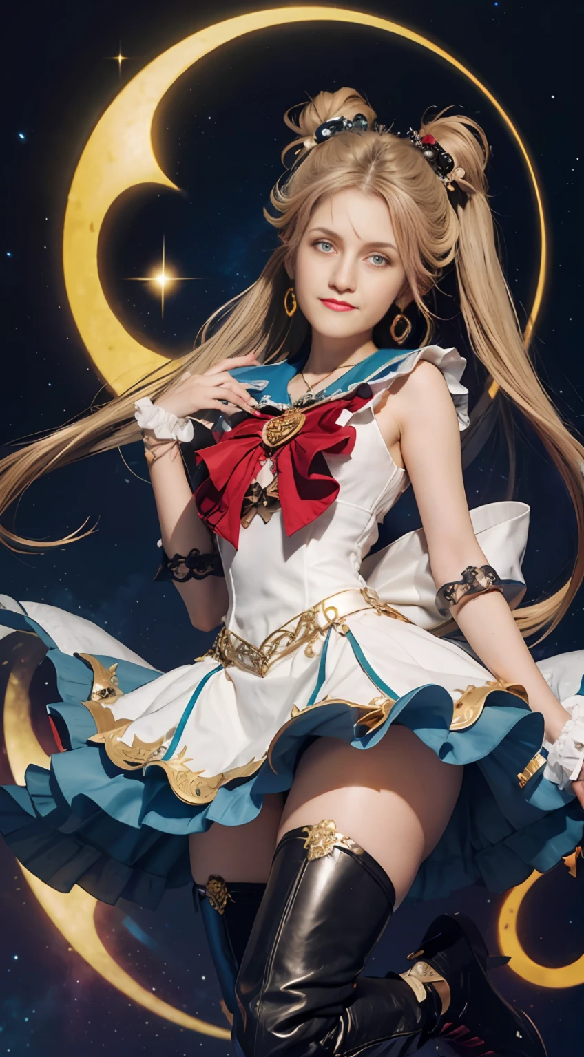 8k,arte realista, Obra-prima, melhor qualidade, (1 ), lua super marinheiro, lente de cowboy, night sky, luar, noite, luvas brancas, olhos azuis, background of the galaxy, roupas multicoloridas, uniforme de escola, saia azul, ornamento de cabelo, Red ribbon, broche, heart brooch, brincos, crescente, heart necklace, Heart, cabelo muito longo, brincos de lua crescente, tiara, colar amarelo, botas, botas de joelho, sapatos vermelhos, pernas longas
