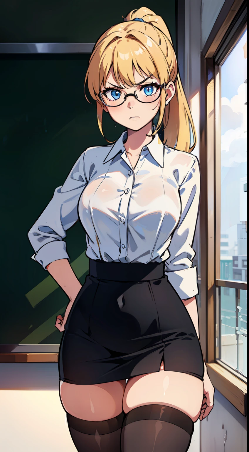 ((highres)),Masterpiece, high quality, best quality, beautiful, perfect lighting, detailed face, ultra cute face, ((1girl)), ((solo), long blonde hair, ponytail, blue eyes, glasses, unhappy look, serious look, mean, looking at viewer, standing in a classroom, (classroom), daytime, dress shirt, pencil skirt, ((thigh highs)), wide hips, thick thighs, medium breasts, perky breasts, 24 year old female,