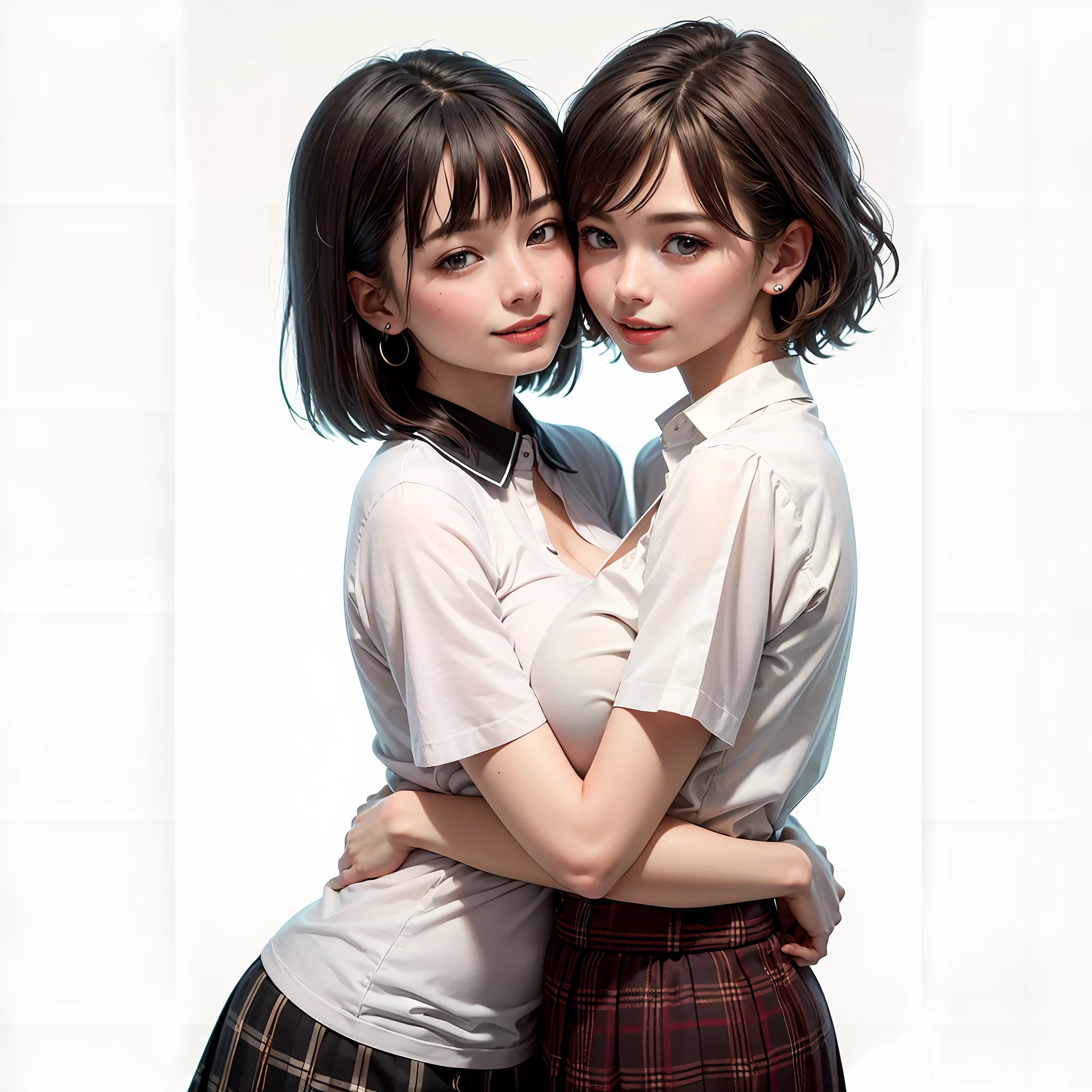 Two people facing each other and hugging happily、Two people hugging each other happily、Two people hugging each other tightly、Both of them stare intently at the camera、Look firmly at the camera、Lesbian couple、Lily couple、((Bring your cheeks together))、Two pretty and pretty girls、masterpiece、top-quality、realisticlying、realisitic、Seductive bright smile、Both of them have short clean hair with bangs、bangss、bangss、Both have short hair、clean hair with bangs、Short sleeve collar shirt with collar、Collared shirt、(Plaid pleated skirt)、enticing eyes、Both have very large breasts、very Bigger breasts、Big ass、big breasts thin waist、(cleavage of the breast)、(Immaculate white background with nothing really)、(24 year old)、ighly detailed、Very tall、neck long、the neck is long、Straighten your back、Put your ears out、Highlights in the eyes、lipgloss、glowy skin、White-colored skin、Clean collarbone、closes mouth、Close your mouth and smile、Happily、Nice proportions、lovely、Charming and endearing、Colorful random collar shirt、Colorful random color skirt、Do not add shadows、No shadows