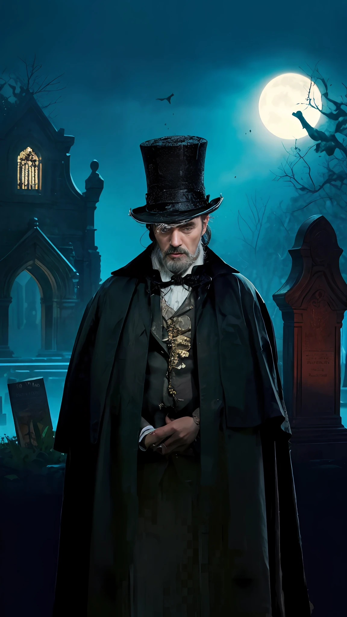 There is a dark-looking man in the cemetery, he wears a Victorian robe and top hat;, olhar sombrio, detailed hands, He is in a dark and mysterious cemetery, extremamente detalhado, 8k, imagem realista  de alta qualidade, Cinematic portrait photo, retrato VFX altamente detalhado, taken with a full frame camera with a wild lens