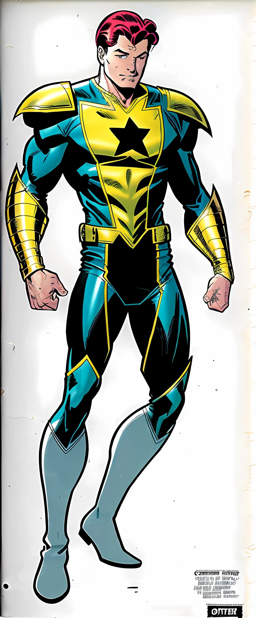 a close up of a man in a yellow and blue costume with gold accents, inspired by John Romita Sr, john romita senior, comic book character, x-man costume, textless, cyclops, as an atlantean, valiant, vintage comic, 70s comic book character design, peter parker, star on chest, star symbol, shoulder pad armor, old comics, vintage comic book character, yellow chest and groin suit, golden bracers, red hair, peter parker, 70s comics, well drawn face, eyes closed, saddened