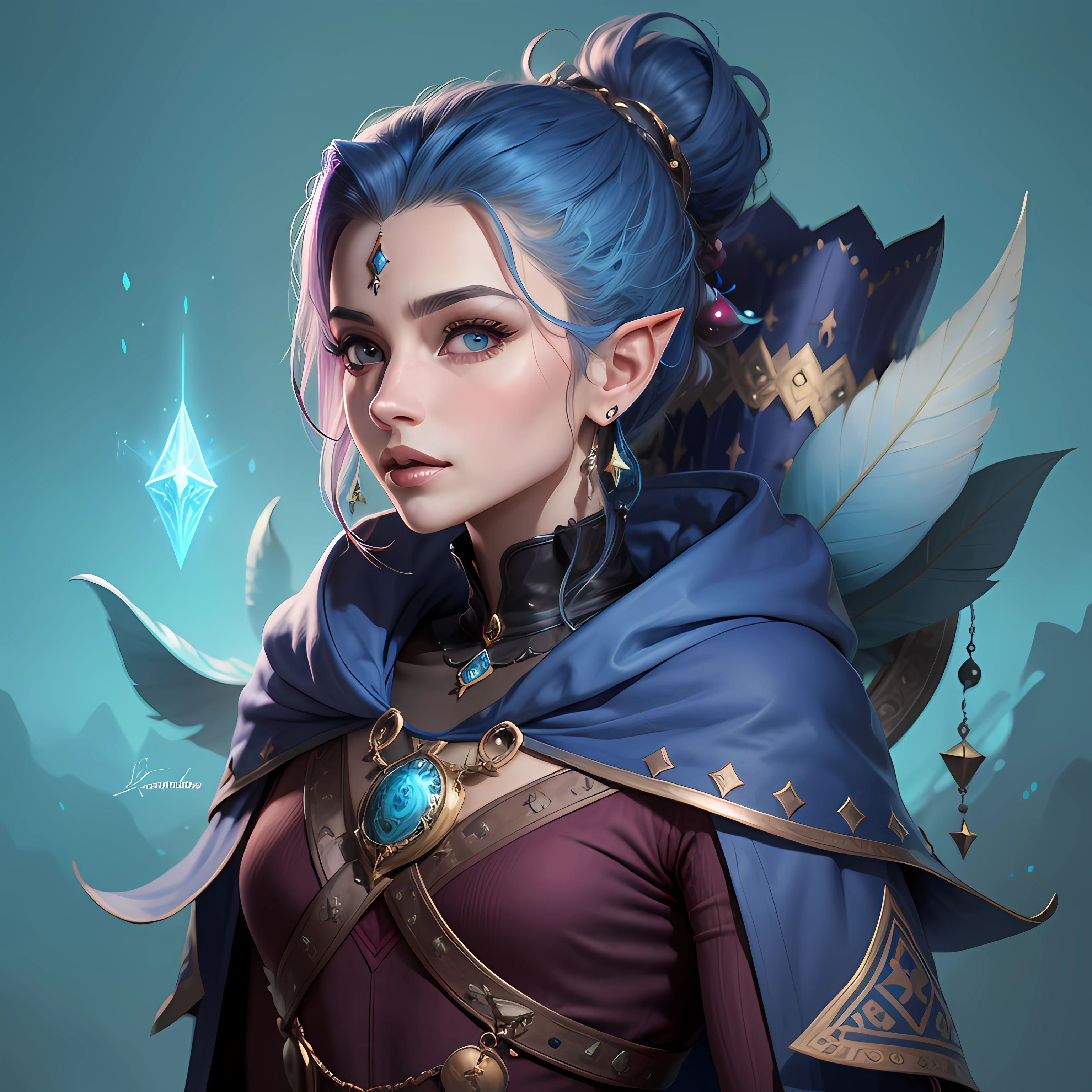 um close up de uma mulher com uma capa azul e uma capa roxa, Fantasia D&Personagem D, Retrato de um mago feminino, Retrato de um personagem DND, Retrato de um feiticeiro elfo feminino, Maya Ali como um D&d feiticeiro, design de personagens de fantasia, Inspirado em Kris de Deltarrune, Maya Ali como um Mago do Vento, dungeons and dragons character