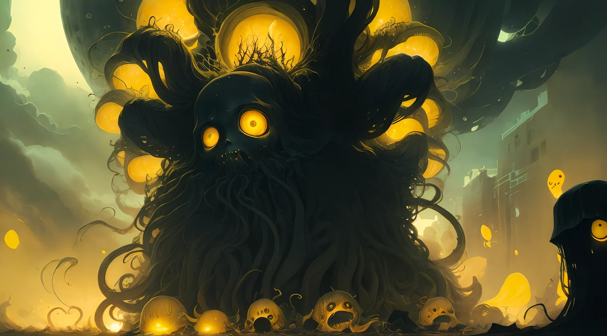 cosmic horror, Huge giant eyes in the sky, With tentacles, yellows and blacks, Horror, dark mood, dark ambient, In the dark world of yellow tentacles