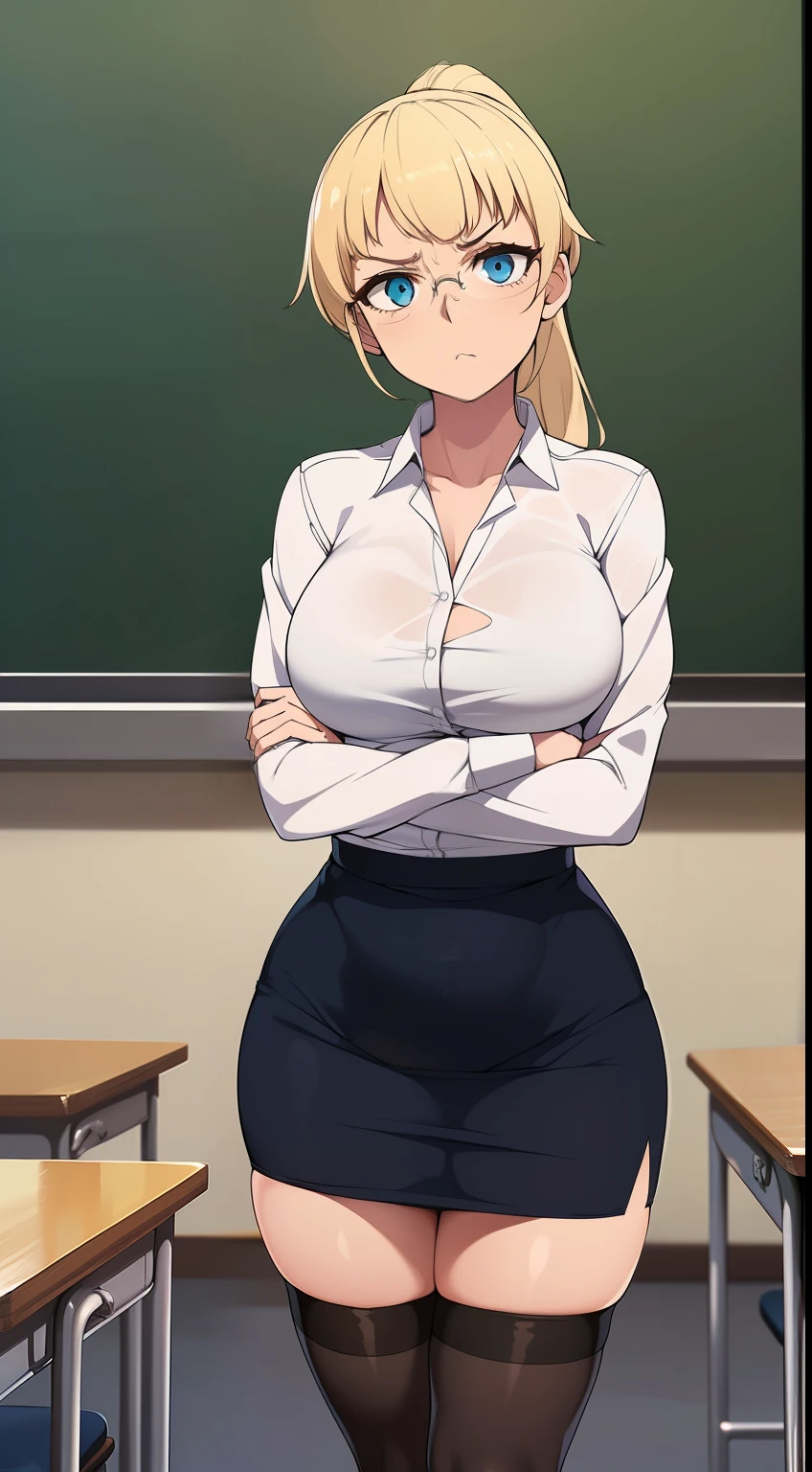 ((((kipteitei art)))), ((highres)),Masterpiece, high quality, best quality, beautiful, perfect lighting, detailed face, ultra cute face, ((1girl)), ((solo), long blonde hair, ponytail, blue eyes, glasses, unhappy look, serious look, mean, looking at viewer, arms crossed, standing in a classroom, (classroom), daytime, dress shirt, pencil skirt, ((thigh highs)), wide hips, thick thighs, medium breasts, perky breasts, 24 year old female,