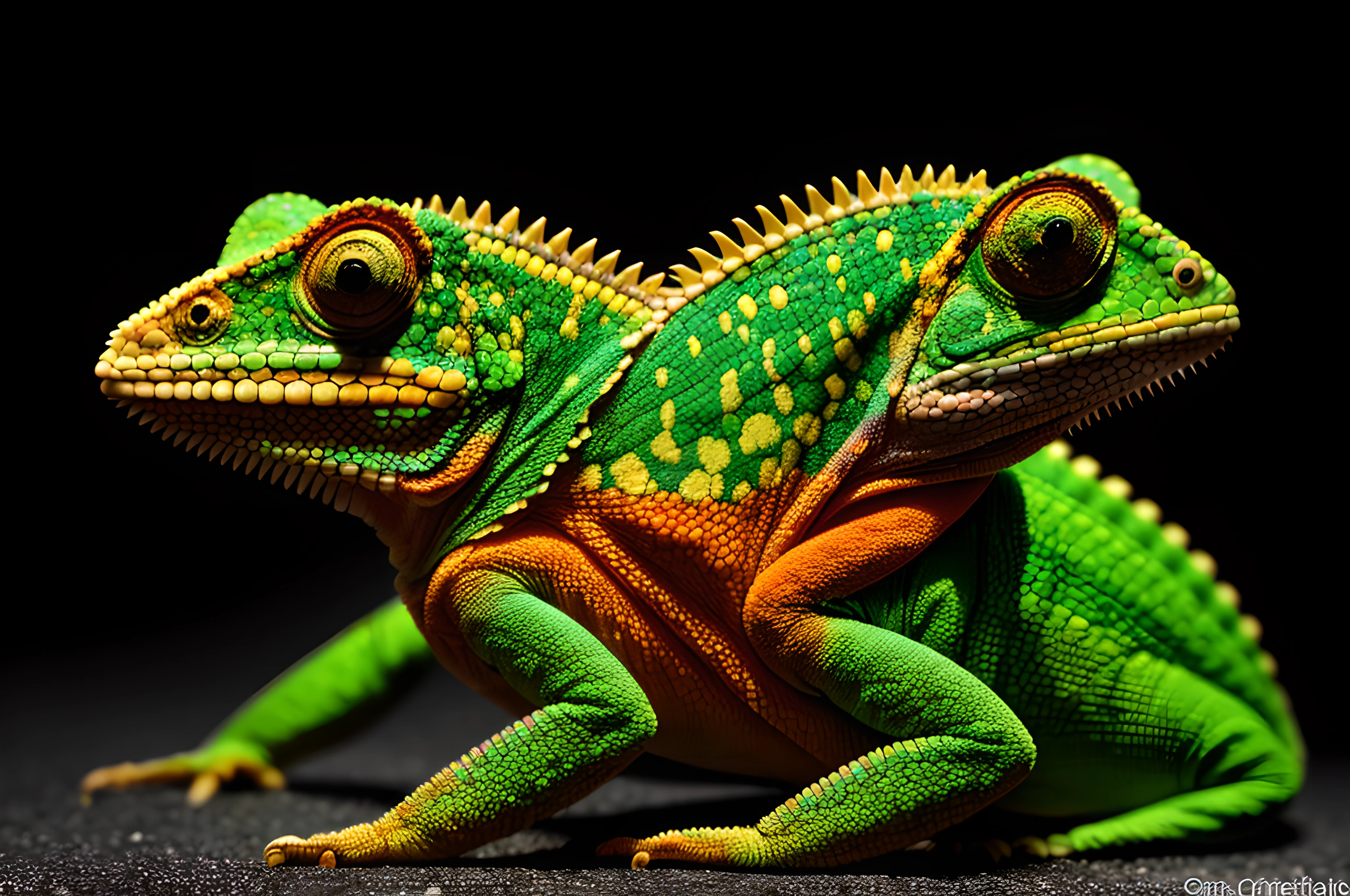 One chameleon, front view, cinematic image, isolated black background