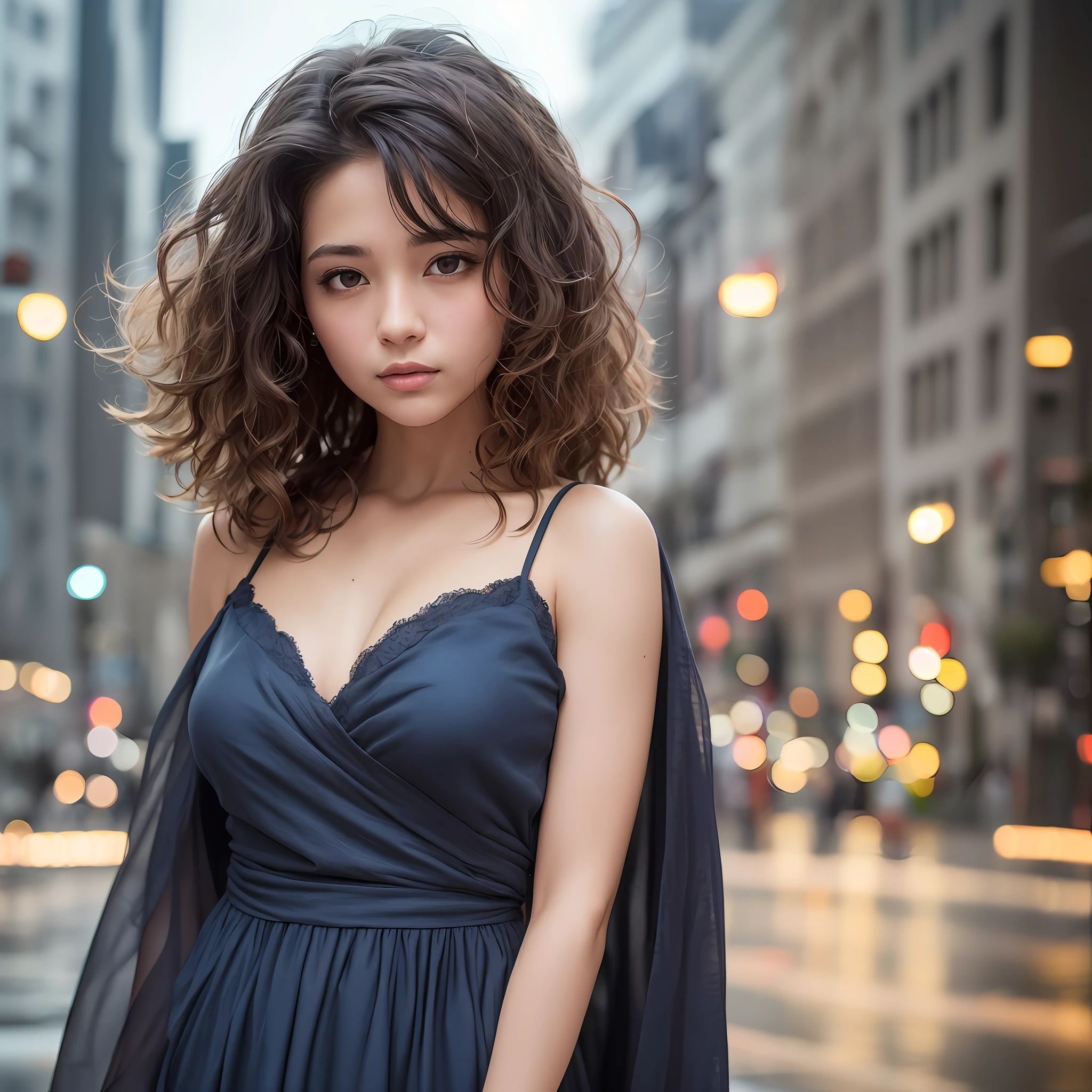 random pose, mix4, (8k, RAW photo, best quality, masterpiece: 1.45), (realistic, photorealistic: 1.37), one black girl, cute, cityscape, night, rain, wet, professional lighting, photon mapping , radiosity, physically based rendering, full curly hair, cute, girl, fat ,deep blue dress, pale skin, high quality photo, high resolution, 1080p, (clear face), (detailed face description), (detailed face description) hand), (masterpiece), (exquisite CG), light and extreme, shaggy hair, masterpiece, rich details, (fine geometric features), (highest quality photo), (masterpiece), (eyes detailed), look in front of your eyes, thin collarbone, --auto