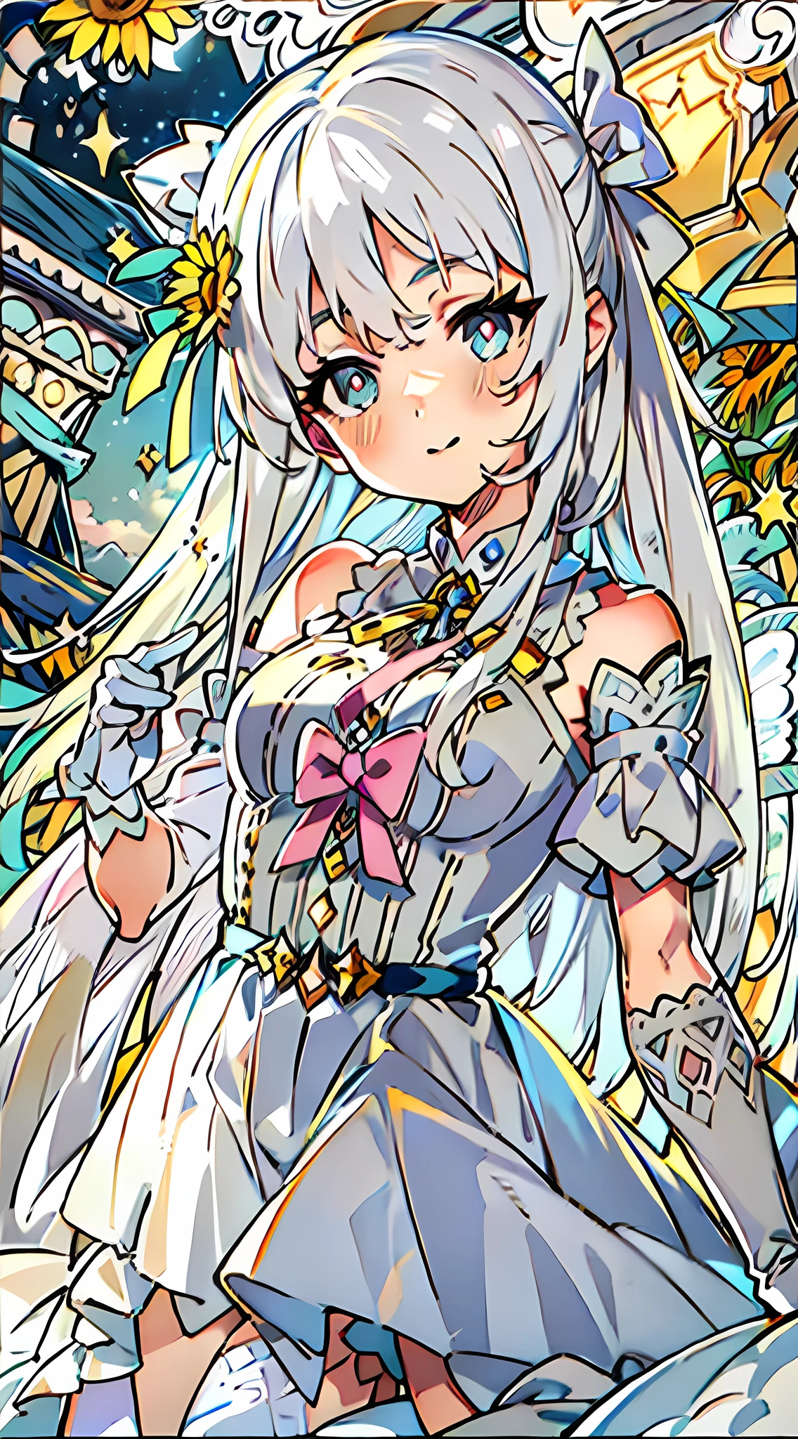 ((masterpiece)), (((best quality))), ((disheveled hair)), (intricate details), (full body shot), front view, Cinematic light, Anime girl with long hair, white hair, sapphire eyes, detailed eyes, sharp pupils, realistic pupils, lolita fashion, pink ribbons in hair, light smile, white elbow gloves, white tights, long dress, sunflowers in background, starry sky background