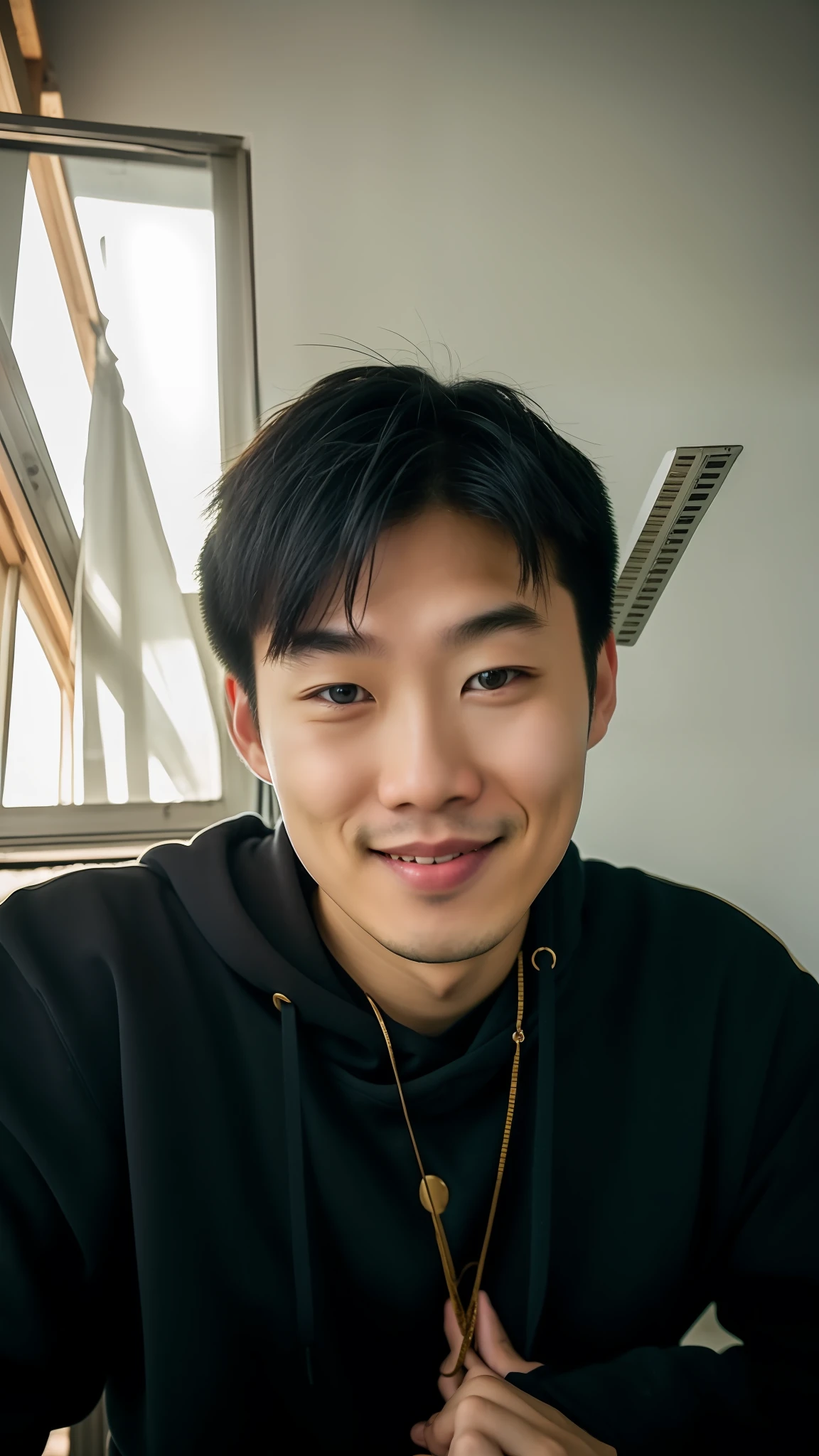 Black hoodie man+Asian men, andrew thomas huang, jeremy cheung, Empty room,eye glass,Beautiful smile,The light is gentle,Unique composition,Shabby table and chairs,Static posture,Melancholy,Deep scene.