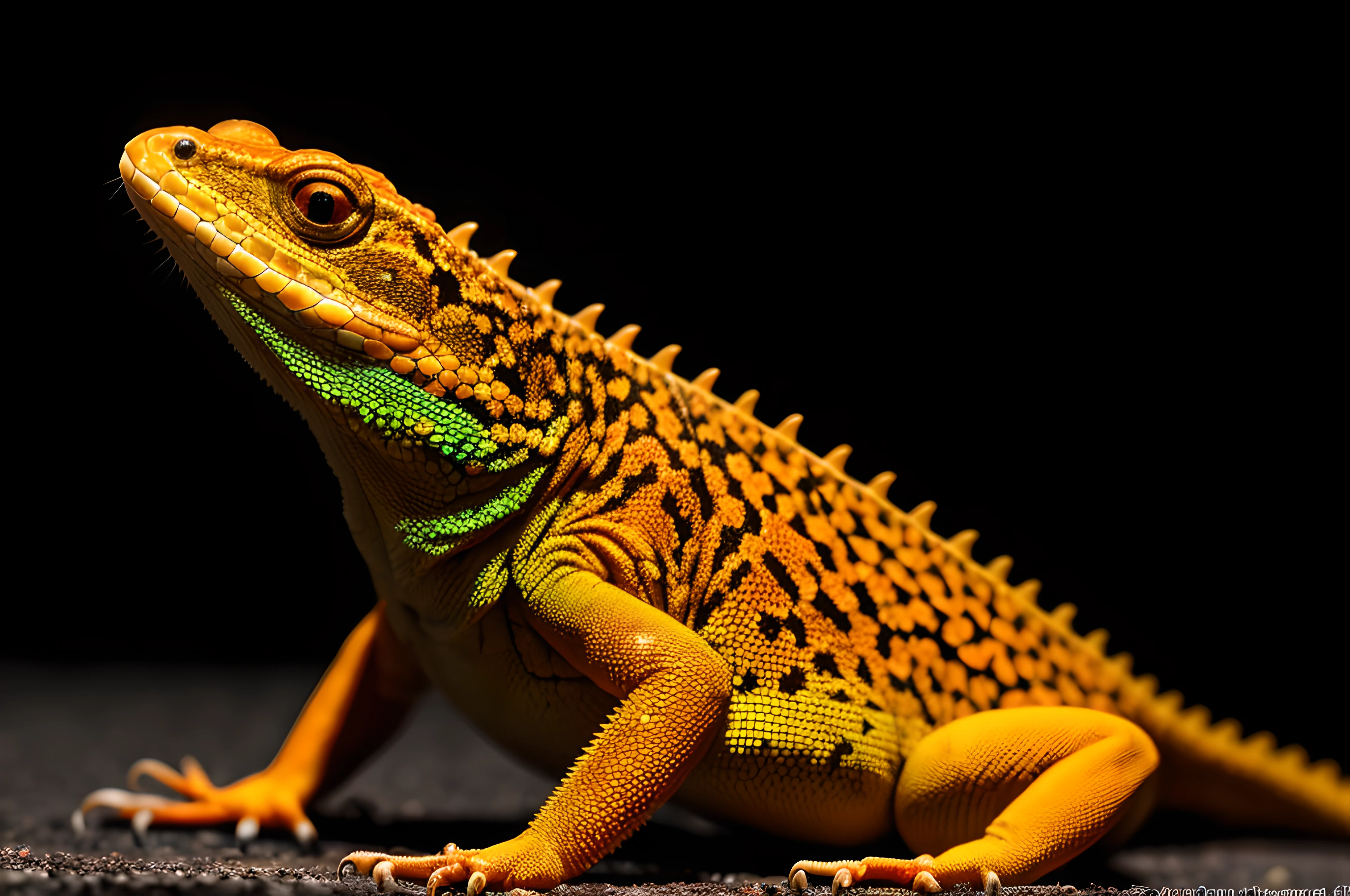 one orange lizard, front view, cinematic image, solid black background