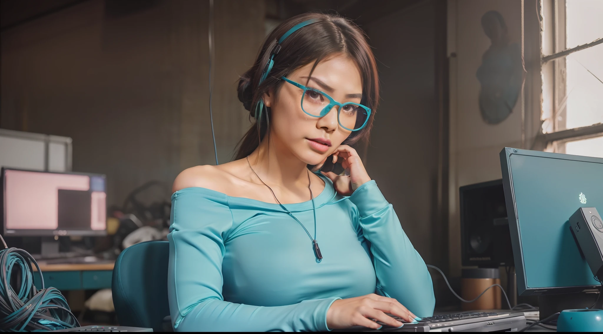 8k, ARTISTIC photography, best quality, masterpiece: 1.2), (realistic, photorealistic: 1.37), Movie still from 1980s movie, A Cyberpunk girl works on the computer in the red neon lights. Asian girl ((Hana Sugisaki)) with futuristic one-eyed glasses and microphone, over-detailed face, beautiful body, voluptuous, perky breast (( dressed in a One Shoulder Long Sleeve T-Shirt), , (((the color of the clothes is teal )), (((detailed outfits))), posing, in a dark derelict room, with lots of computers and monitors and connector cables in the background