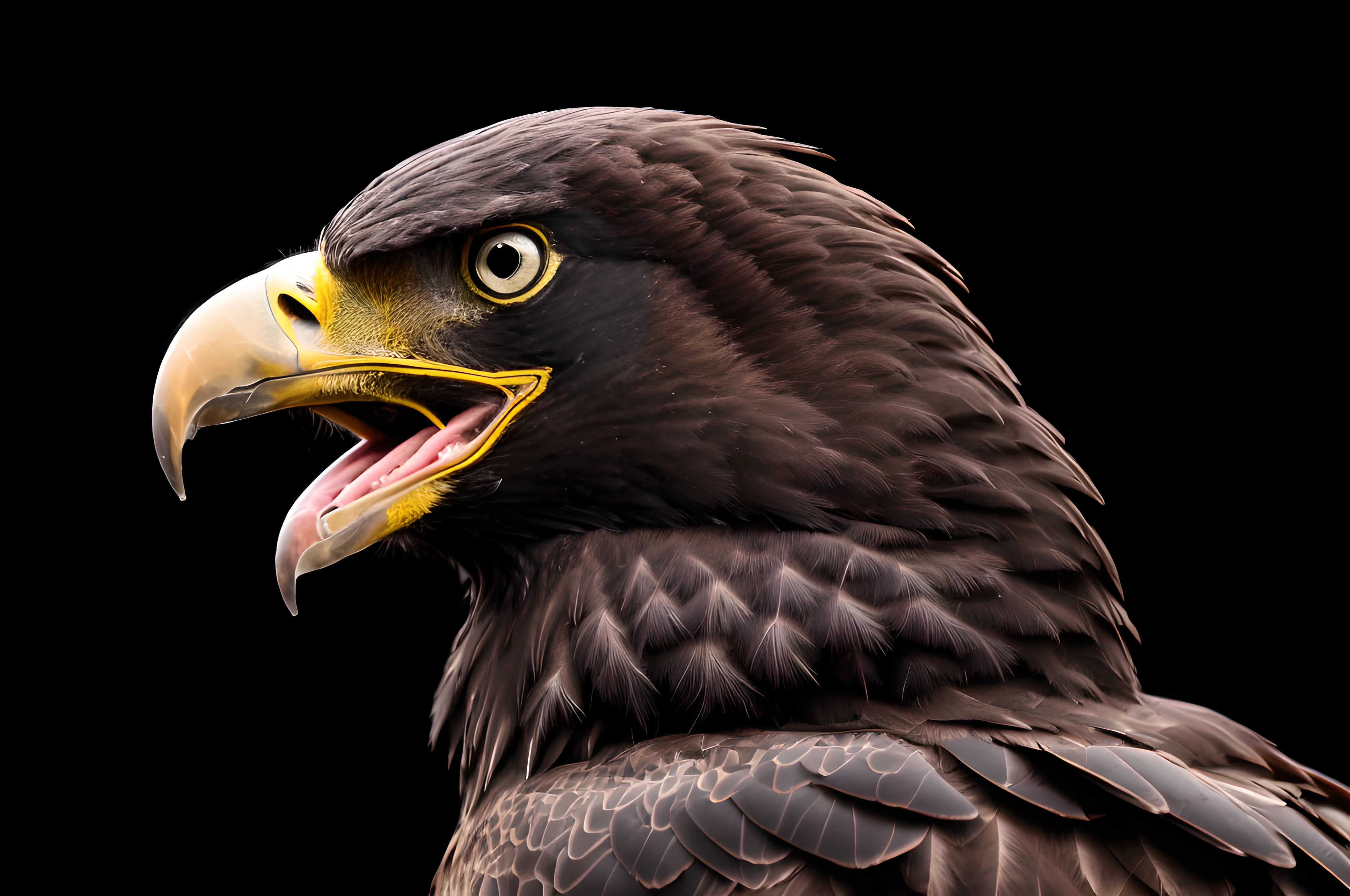 black eagle, front view, cinematic image, solid black background