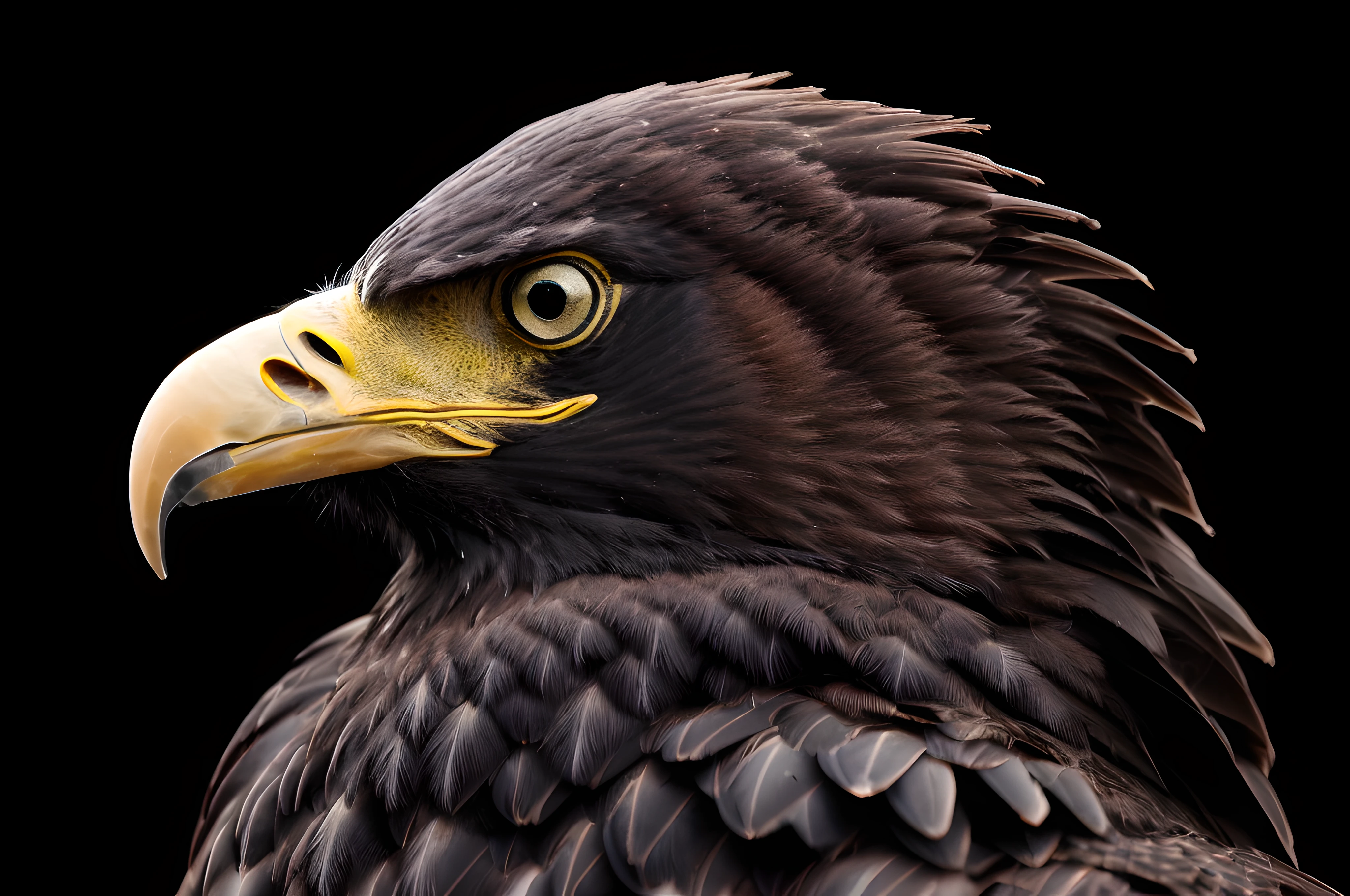 black eagle, front view, cinematic image, solid black background