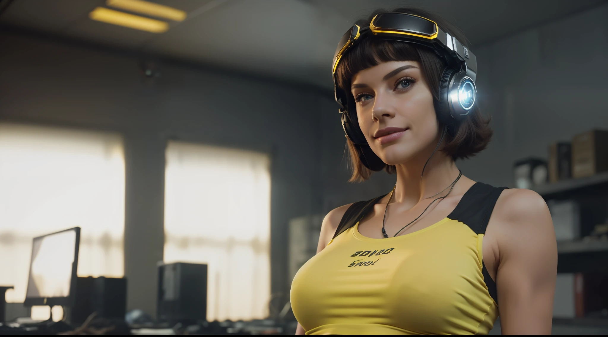 8k, ARTISTIC photography, best quality, masterpiece: 1.2), (realistic, photorealistic: 1.37), Movie still from johnny mnemonic movie directed by (John Carpenter) (cyber punk hacker Girl wearing a Neuromancer headset), VR headset, ((half smile)), over-detailed face, beautiful body, voluptuous, perky breast (( dressed in a yellow crop top t-shirt )), , (((the color of the clothes is yellow)), (((detailed outfits))), posing, in a dark derelict room, with lots of computers and monitors and connector cables in the background, (((perfect anatomy))), Anamorphic lens flares, (((cinematic lighting))), ((clear details)), complex, highly detailed background,