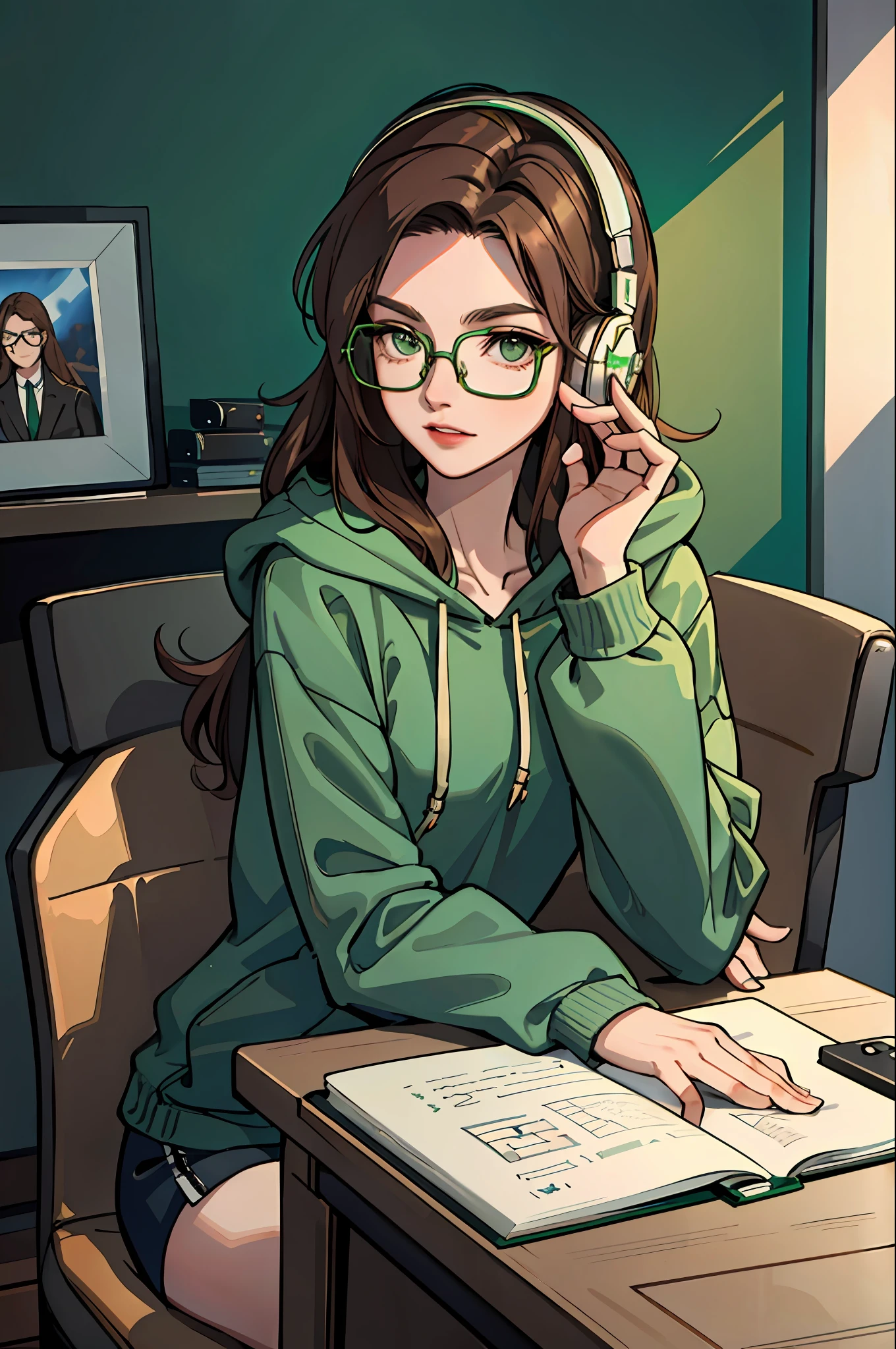 (masterpiece:1.2, best quality), (1lady, solo:1.2), brown hair, long hair, glasses, green eyes, headphone, green hoodie, room