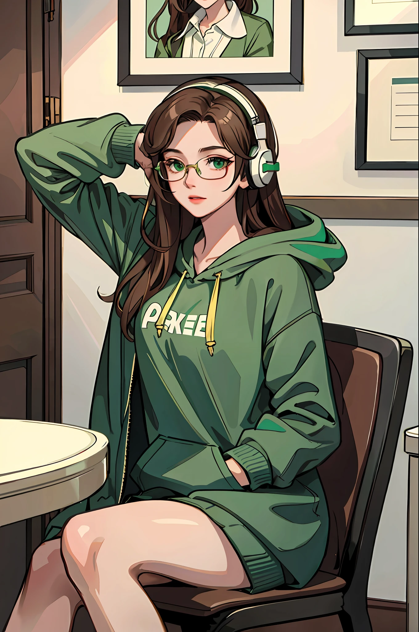 (masterpiece:1.2, best quality), (1lady, solo:1.2), brown hair, long hair, glasses, green eyes, headphone, green hoodie, room