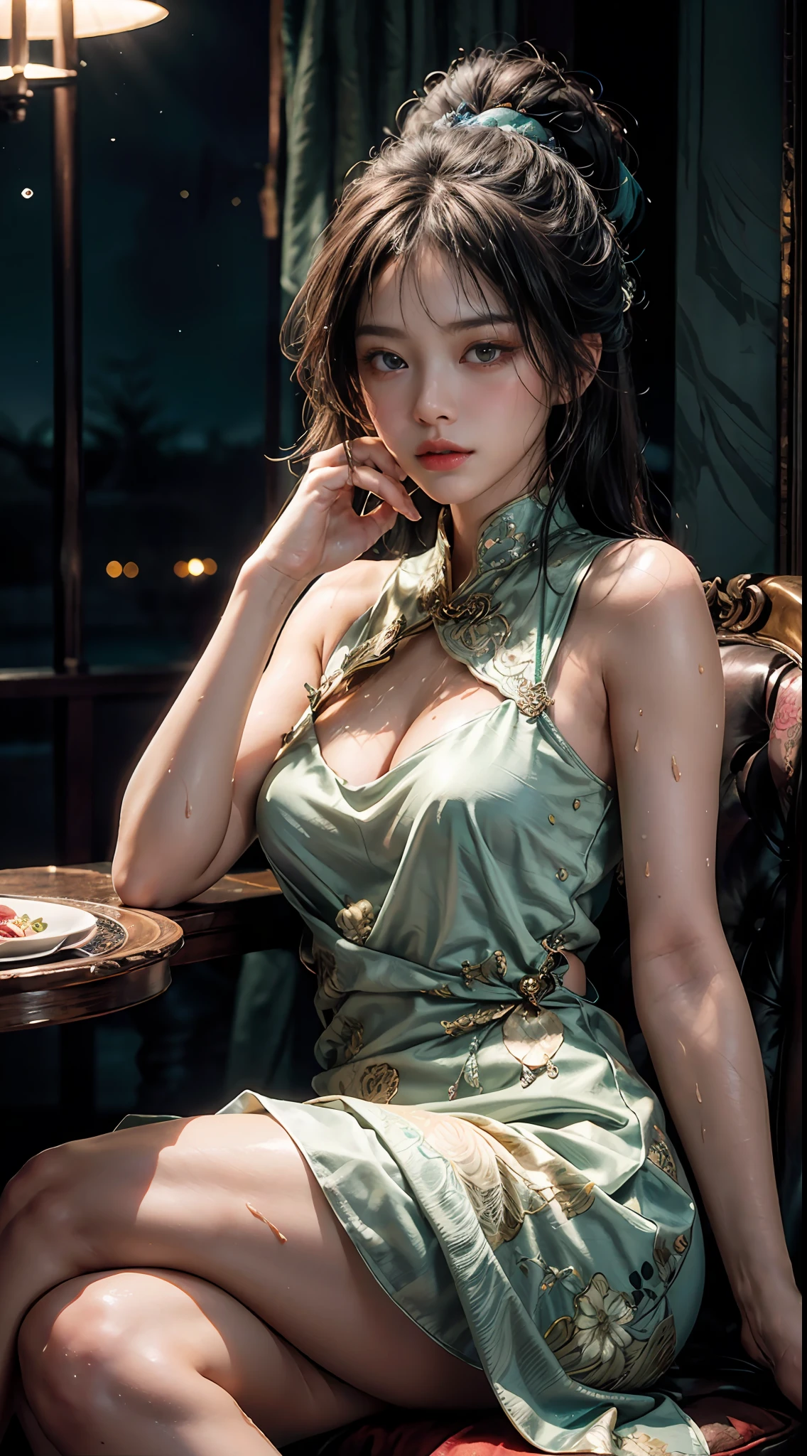 Decorated with intricate patterns and bright colors、Artistic depiction of seductive woman wearing a thin gown with intricate pattern, floral and fantastic pattern with flowing silky traditional see-through skin。Her dress draped elegantly around her curvaceous figure、Emphasizes her charming silhouette。She is sitting on a chair in a sexy pose on a gentle moonlit night、bathed in the soft glow of moonlight。The scene is、With a hint of mystery and sensuality、It exudes an ethereal dreamy atmosphere。The image style is、Incorporates a blend of watercolor and digital illustration techniques.、It makes you feel delicate beauty and charm。Soft moonlit lighting、Cast gentle highlights and shadows on her mesmerizing features。Sit in a very luxurious upholstered chair、The hand is somewhere、see -through、show through、A sexy、Wet hair、Wet、