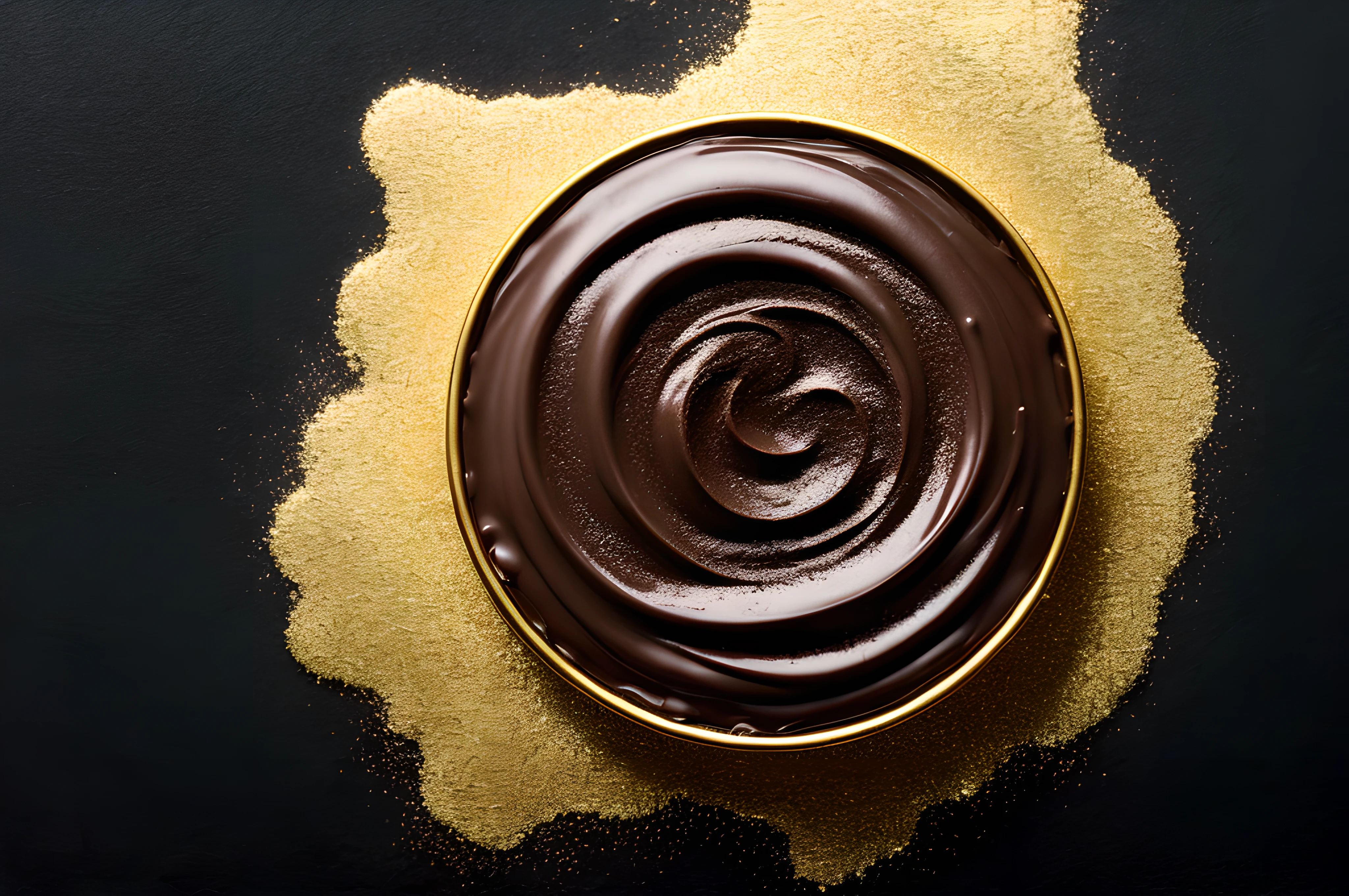 chocolate cream with edible gold leaf, front view, cinematic image, isolated black background