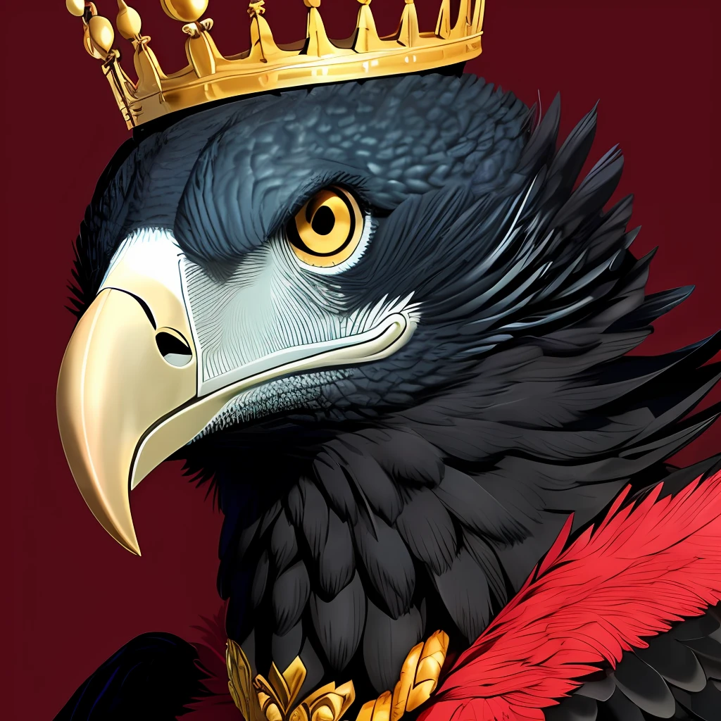 there's a vulture bird, feliz, bocas grandes, aparecendo os dentes, com sorriso bem grande, em tom de deboche, with a crown on his head sitting on a red and black ball, Foto retrato, mascote do futebol, O Rei do Galo, mascote da equipe esportiva, Detailed Vulture Illustration, mascote esportivo, official illustration --auto