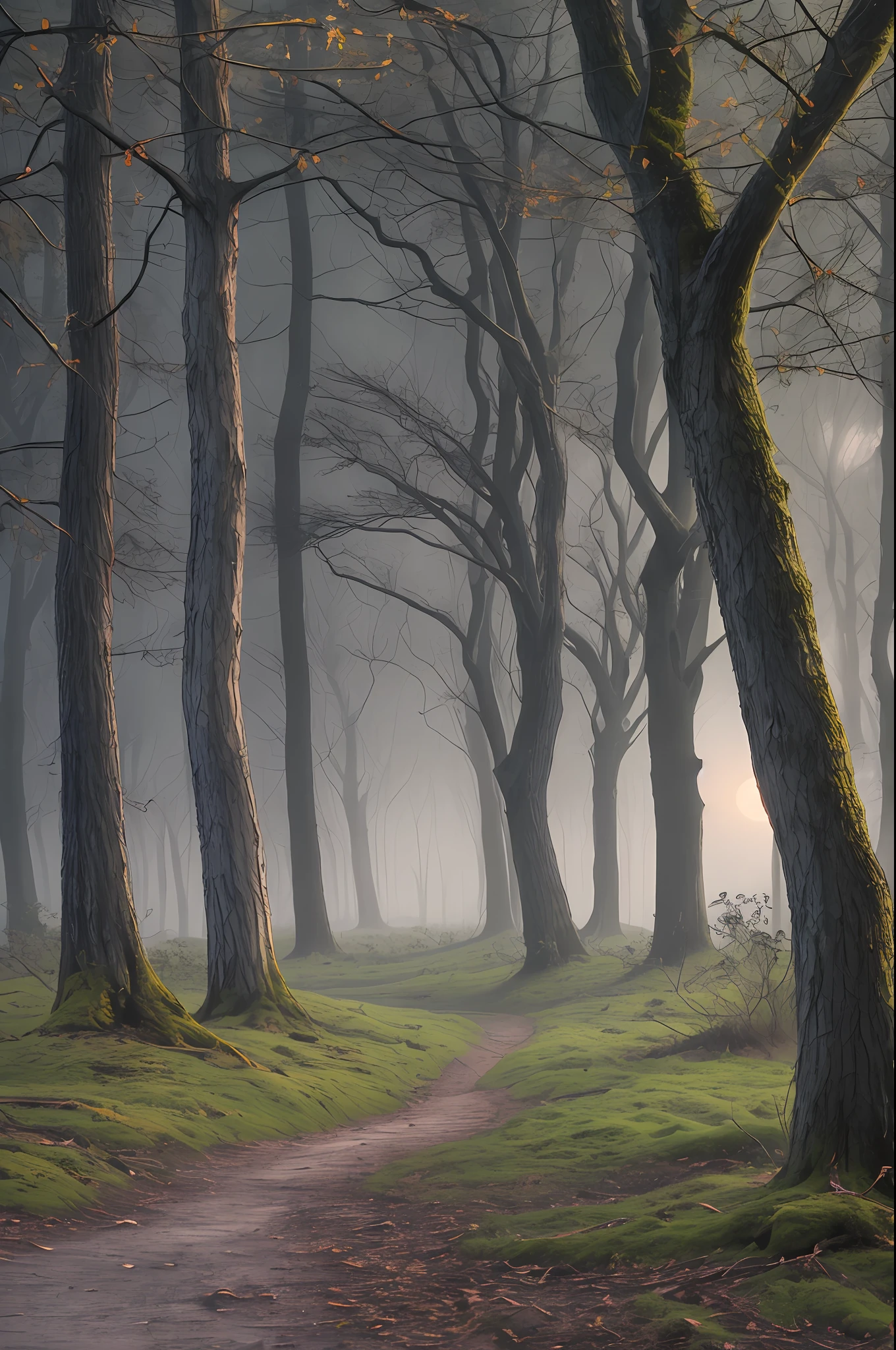 The silvery moonlight casts its eerie glow on the dense mist that curls between the gnarled trees of a dark forest. Bare branches intertwined block some of the pale light, casting eerie shadows on the forest floor. A cold wind whispers between the trunks, making the branches creak and groan. --auto --s2