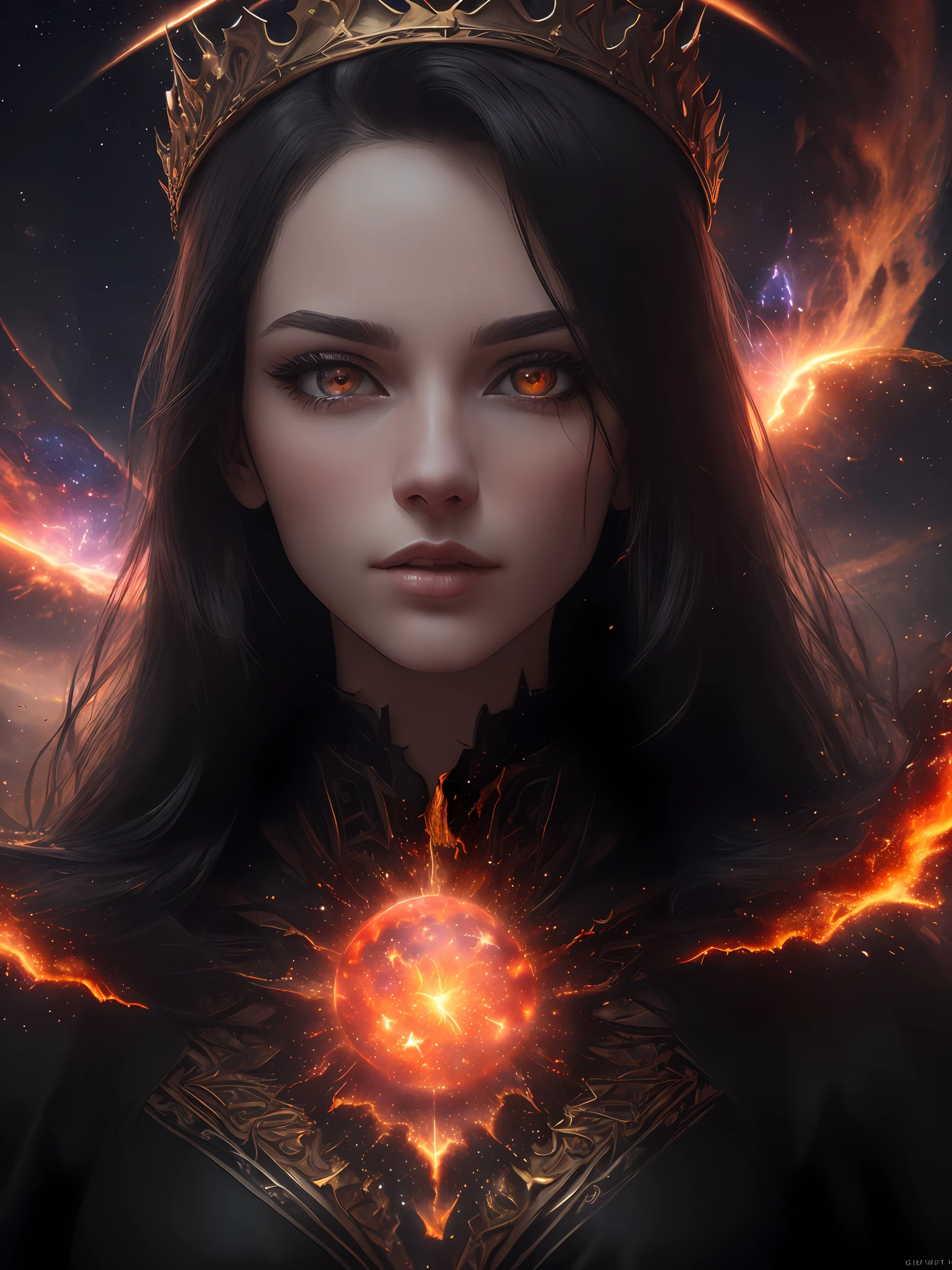 (professional portrait of a gorgeous female:1.3), (highly detailed face and eyes:1.3), (explosion of supernova flames, fire corona, halo of flames:1.5), (pretty face:1.3), (crown made of daggers:1.3), arrogant expression, highly detailed hair, (red_eyes:1.3), long straight black hair, plump lips, attractive features, delicate chin, intricate layered gothic black gown, (best quality, masterpiece, RAW photo, 8k:1.2), (intricate detail, highly detailed, insane detail:1.2), (natural lighting, fire light, dark shadows, crimson light:1.2), (black and red night sky, mist and fog, haunted castle scenery:1.1), (large red blood moon background:1.1), solo, 1girl, fantasy style, concept art, sharp focus, bokeh, (ultra high res, ultra high resolution:1.2), (photorealistic, ultra-realistic, hyper-realistic:1.2), soft contour, professional photography, fine-art photography, rule of thirds, macro photography, HDR, Chiaroscuro, unreal engine 5, ue5, trending on artstation, award winning, (centered, wide angle, close up, panoramic, focus on upper body, straight on view:1.2)