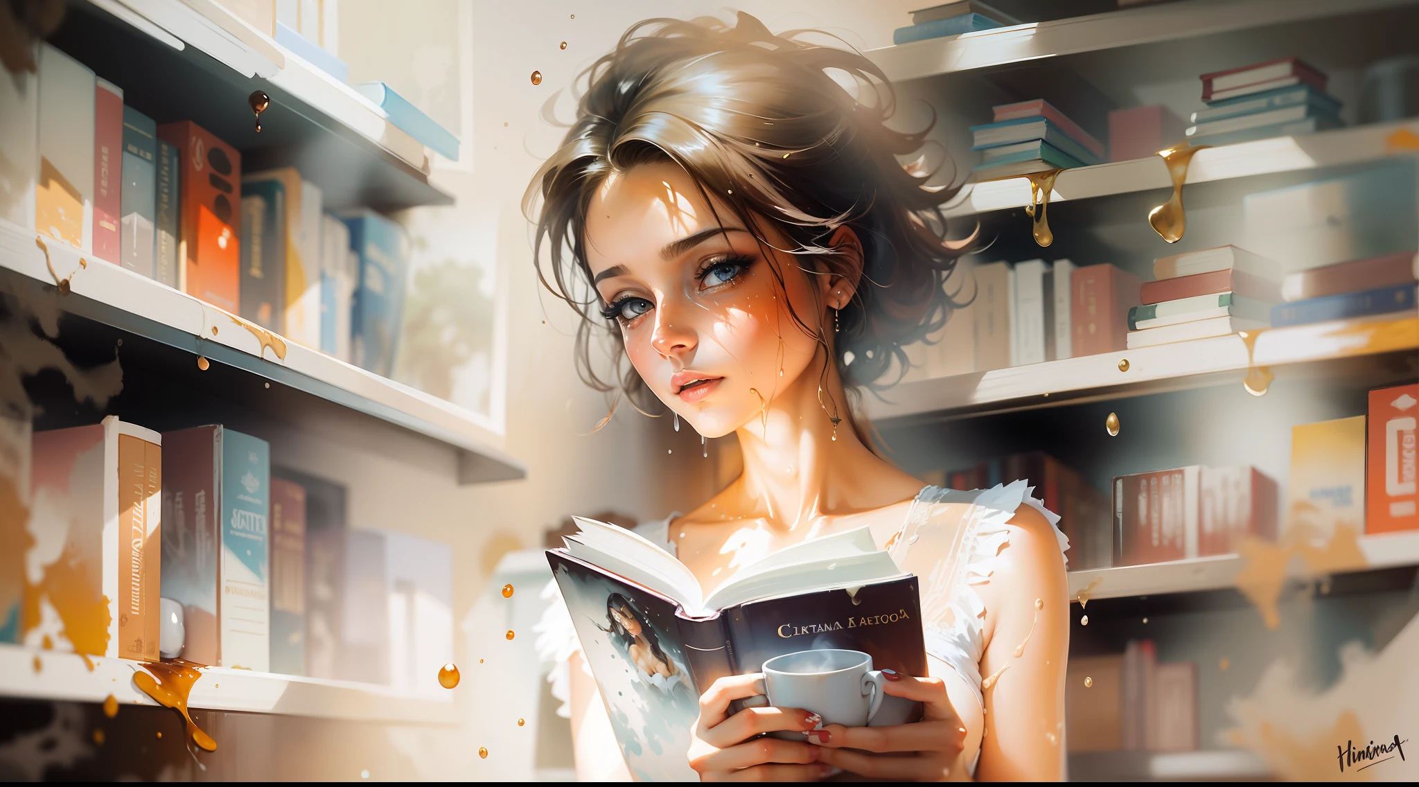 Uma cena incrivelmente bonita, garota morena de olhos castanhos lendo um livro, coffee mug, biblioteca de fundo, pintura de Willem Haenraets, Aquarela, wet on wet and splattering techniques, Centrado, perfect composition, Abstraction, surrealismo.