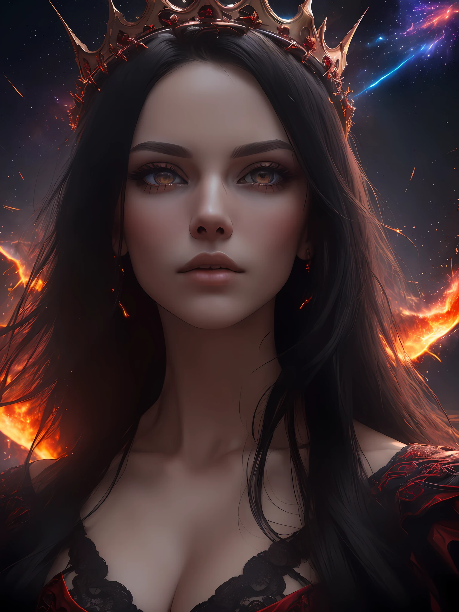 (professional portrait of a gorgeous female:1.3), (highly detailed face and eyes:1.3), (explosion of supernova flames, fire corona, halo of flames:1.5), (pretty face:1.3), (crown made of daggers:1.3), arrogant expression, highly detailed hair, (red_eyes:1.3), long straight black hair, plump lips, attractive features, delicate chin, intricate layered gothic black gown, (best quality, masterpiece, RAW photo, 8k:1.2), (intricate detail, highly detailed, insane detail:1.2), (natural lighting, fire light, dark shadows, crimson light:1.2), (black and red night sky, mist and fog, haunted castle scenery:1.1), (large red blood moon background:1.1), solo, 1girl, fantasy style, concept art, sharp focus, bokeh, (ultra high res, ultra high resolution:1.2), (photorealistic, ultra-realistic, hyper-realistic:1.2), soft contour, professional photography, fine-art photography, rule of thirds, macro photography, HDR, Chiaroscuro, unreal engine 5, ue5, trending on artstation, award winning, (centered, wide angle, close up, panoramic, focus on upper body, straight on view:1.2)