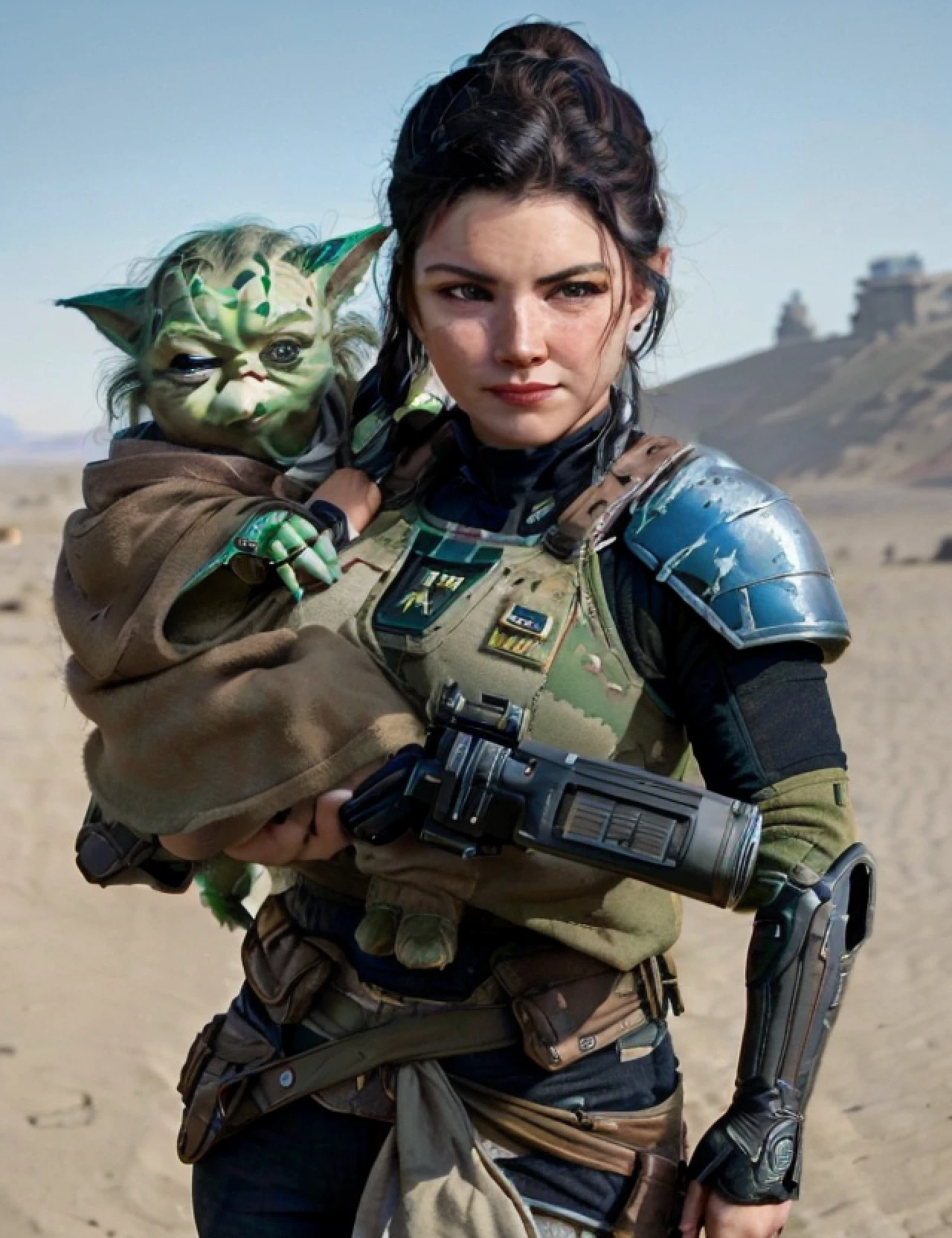 ((realism)), extremely high quality RAW photograph, detailed background, intricate, Exquisite details and textures, highly detailed, Photo of (Gina Carano) as Cara Dune, holding  Yoda, holding a gun, Looking behind the camera, ultra detailed photograph, warm lighting, artstation, 4k, sharp focus, high resolution, detailed skin, detailed eyes, 8k uhd, dslr, low harsh lighting, high quality, film grain, Fujifilm XT3,