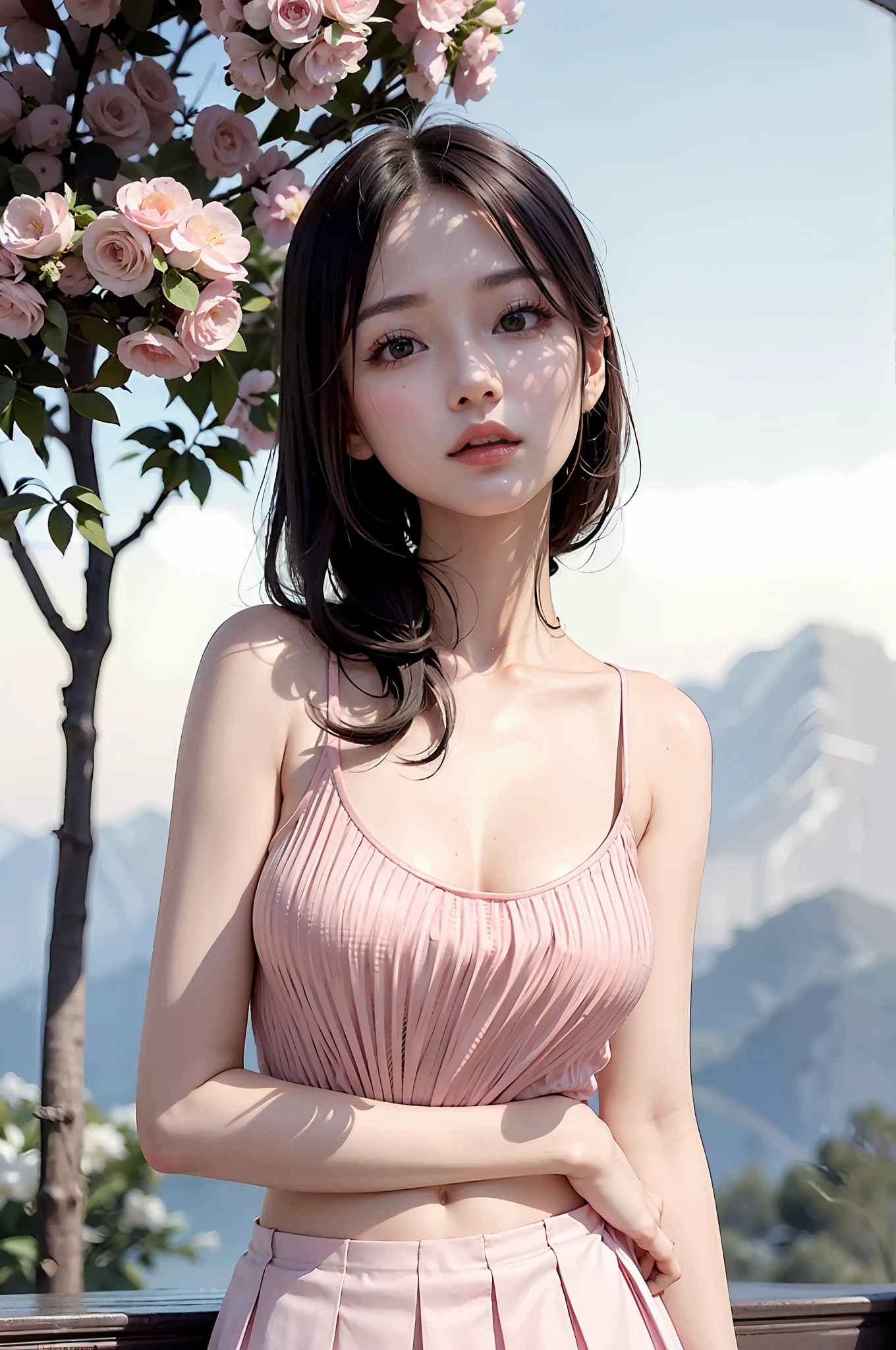 Gentle and attractive Chinese beautiful woman, delicate and sexy collarbone, attractive oval face, double eyelids, bright peach blossom eyes, pink lips, small nose, , face close-up, ultra high definition, ultra detail, full body photo, ultra thin and light transparent, one woman wearing a pleated skirt uniform