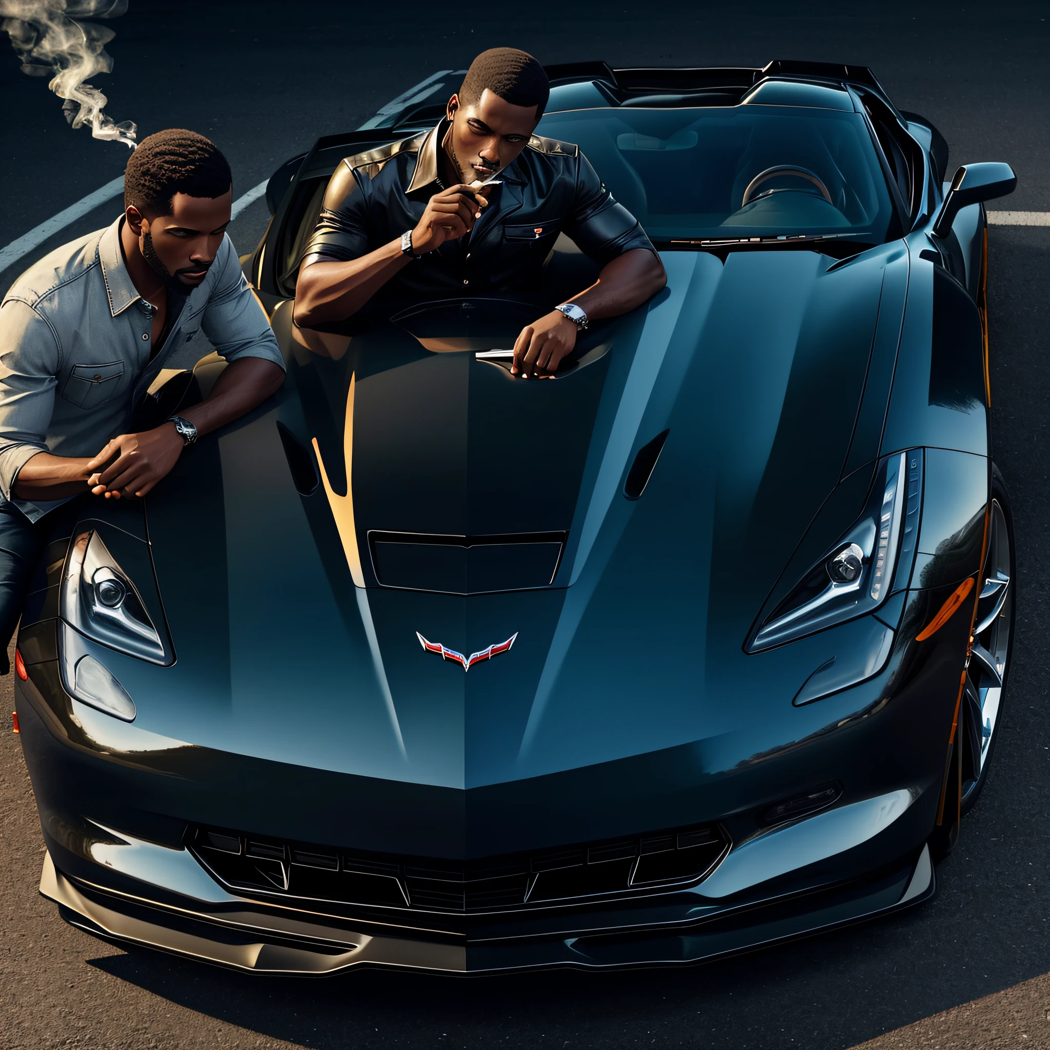 black man, smoking the front of the car [chevrolet corvette] --auto