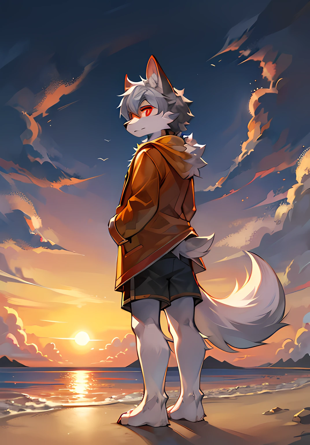 eyes with brightness，in a panoramic view，Character focus，独奏，shaggy，shaggy male，malefocus，anthr，（Full body fur，Fluffy tail，Off-white fur，Orange-red eyes，Gray hair，Orange coat，grey shorts：1.2）Stand on the beach and watch the sunset，（rays of sunshine，the sea，steamship，seagulls，the setting sun：1.4）