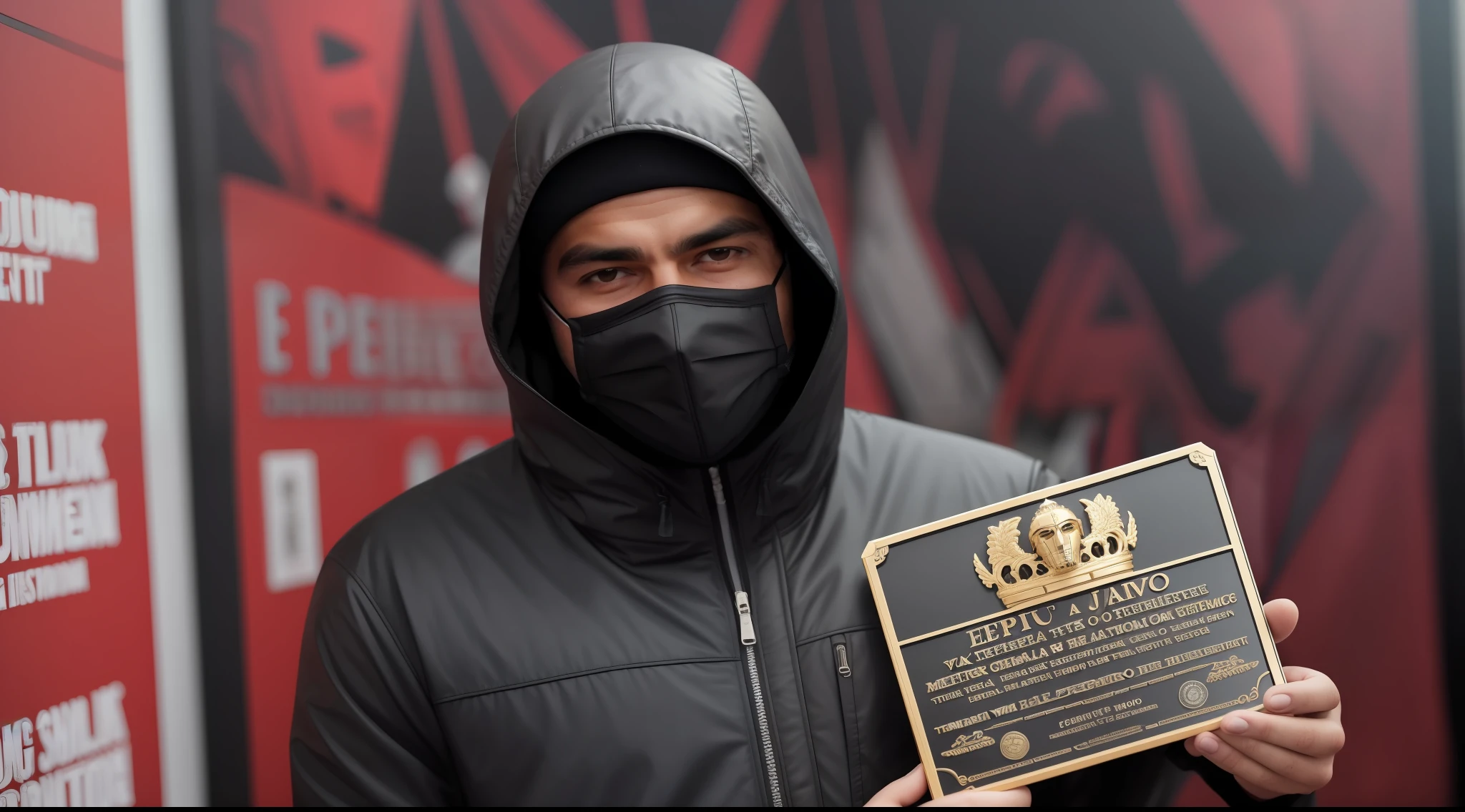 Um homem misterioso aparece sentado diante do espectador, sporting a plaque in his hands. His face is covered by a mask, e veste uma jaqueta com capuz, em uma cena digna do cinema. With a dark background and very high resolution, This work is a true work of art.