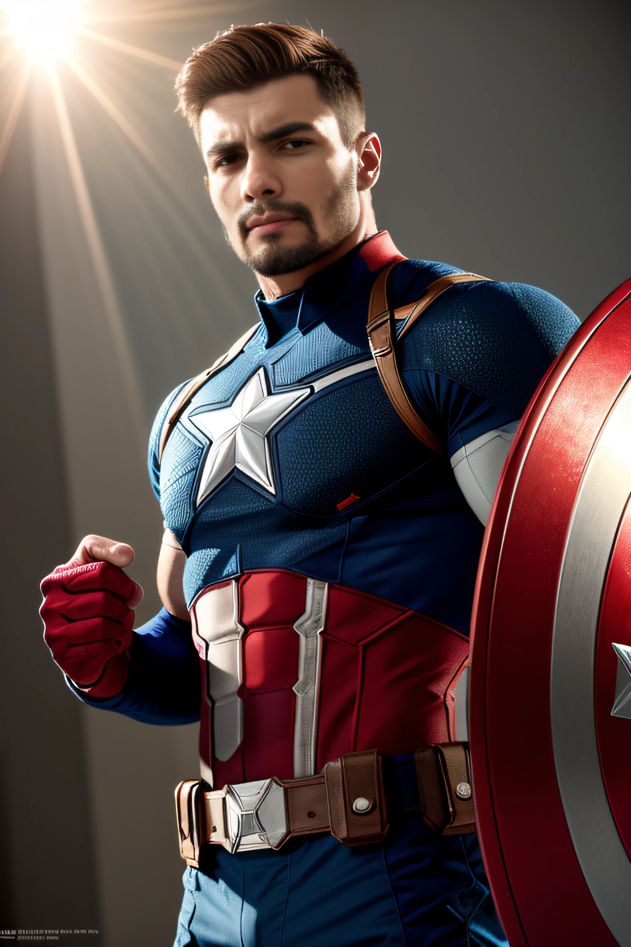 modelshoot estilo, muscular, Captain America, sem capacete, detalhes intrincados, lens flare, intrincado rosto detalhado, 4k, 8k, hdr