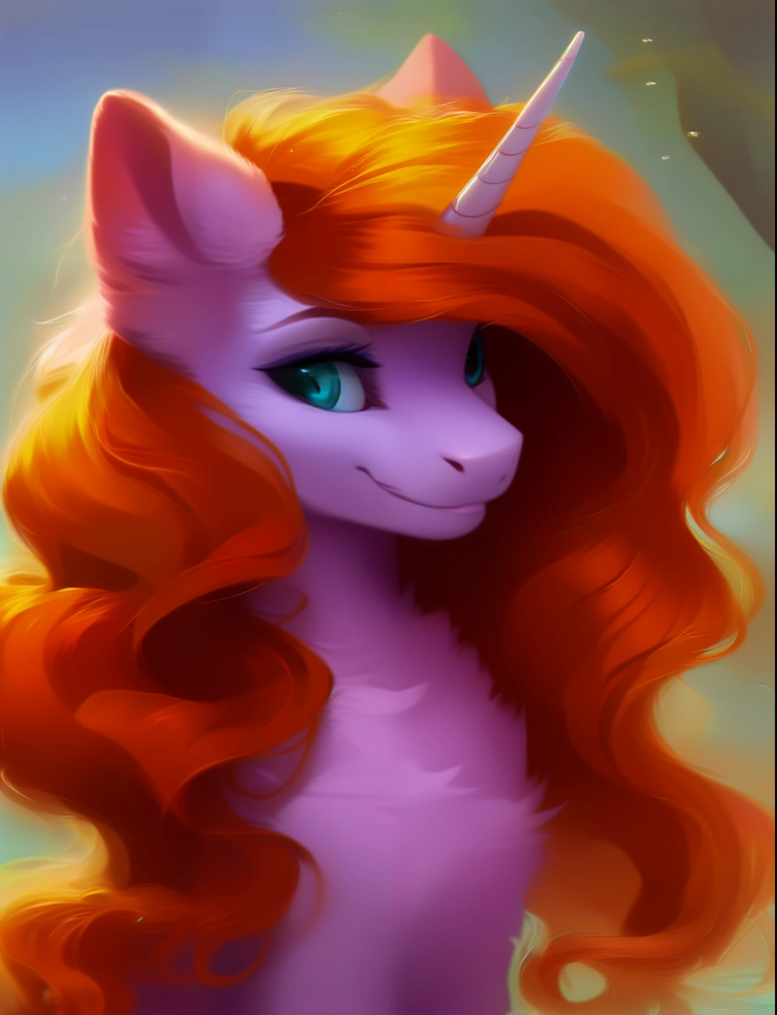 rating_safe, score_9, fluffy, pink fur, orange mane with red stripes, unicorn, turquoise eyes, long mane, curly mane,