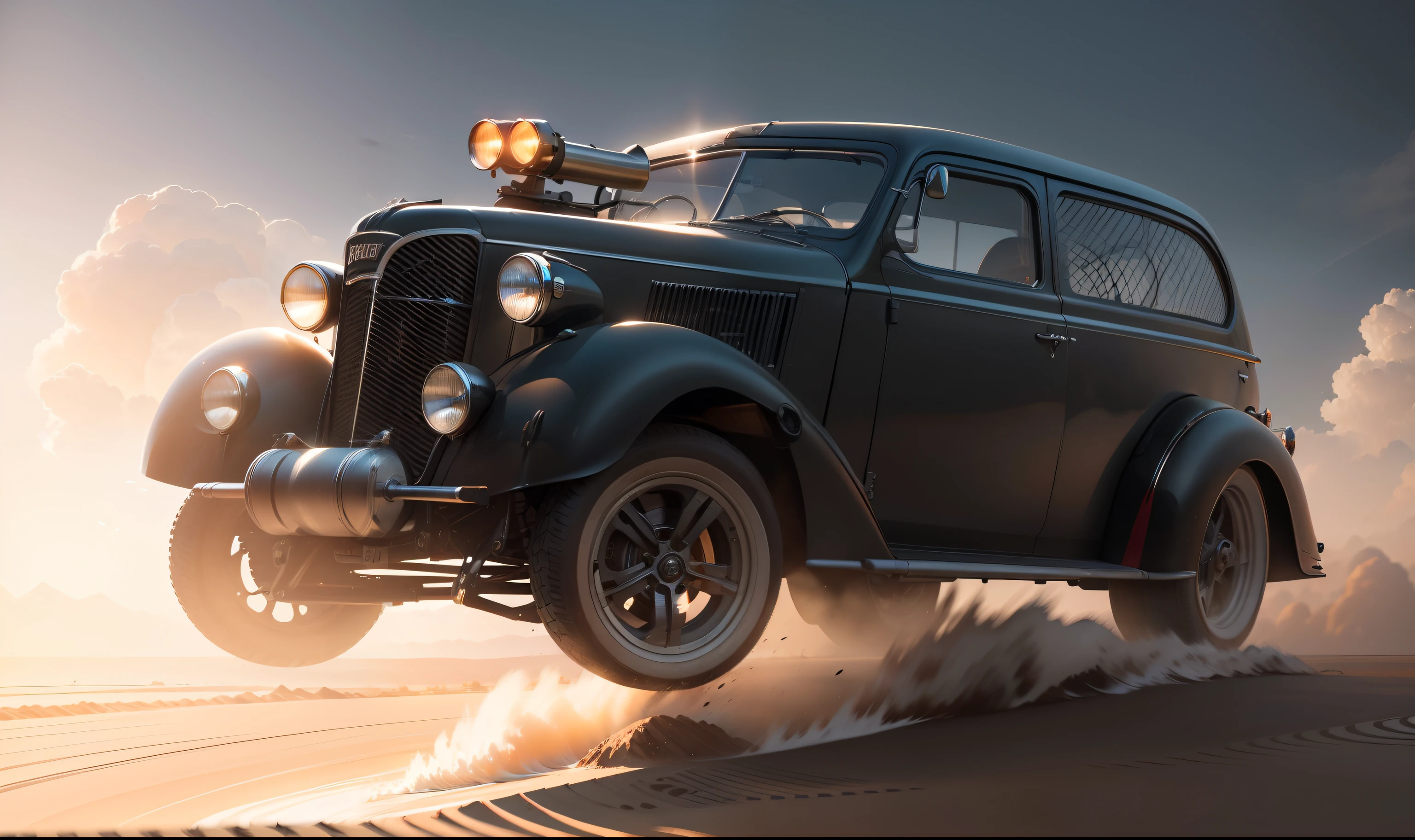 Necessidade de velocidade, Hudson Gasser 1940 PRETO BRILHANTE com um piloto de corrida com capacete de corrida, correndo pela pista molhada, quase, hyper realistic, motion blur, blurry background, altamente detalhado, divine proportion, (((Enquadrado))), perfect composition, perfect lighting, octan render, 8k, Artistic photography, trending on ArtStation, foco nítido, Studio photo, detalhes intrincados, altamente detalhado, Directed by: Greg Rutkowski --auto