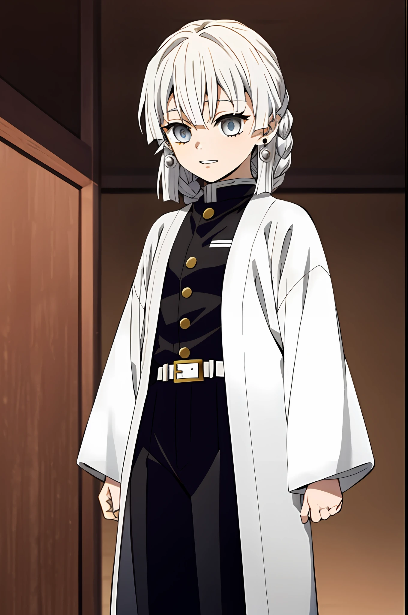 Style Kimetsu no yaiba, Original character, demon slayer uniform, 1fille, Focus fille, Pearl earrings, dents, bijoux, pantalon, cheveux blanc, ceinture, jupe noir, japanese clothes, Haori, Haori blanc, seulement, yeux gris/ blanc, manches longues, Coloriage anime, ((master work))