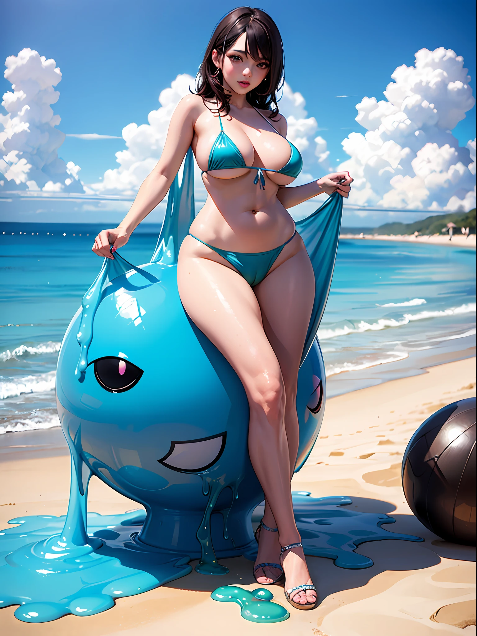 NSFW, hyper photorealistic, full-body view, Cuteness Pop Horror Style, Lewd hottie slime in colorful slime costume, micromini bikini, Cameltoe, Heavenly Nightmare Asany Beach, super detailed